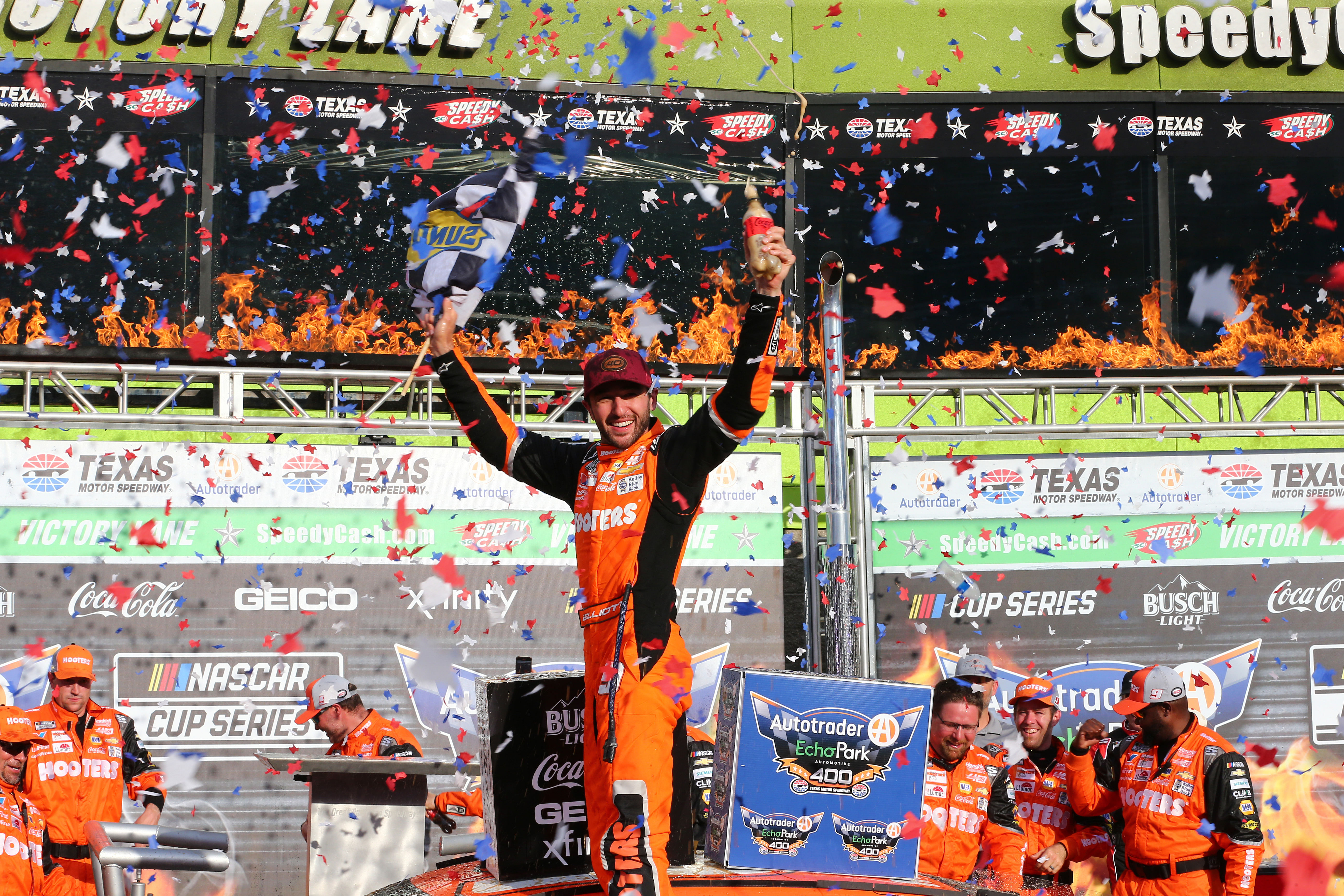 Chase Elliott celebrates winning the NASCAR Cup Series AutoTrader EchoPark 400 at Texas Motor Speedway. - Source: Imagn