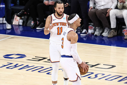 New York Knicks guard Josh Hart celebrates with guard Jalen Brunson against the Philadelphia 76ers at Madison Square Garden. Photo Credit: Imagn