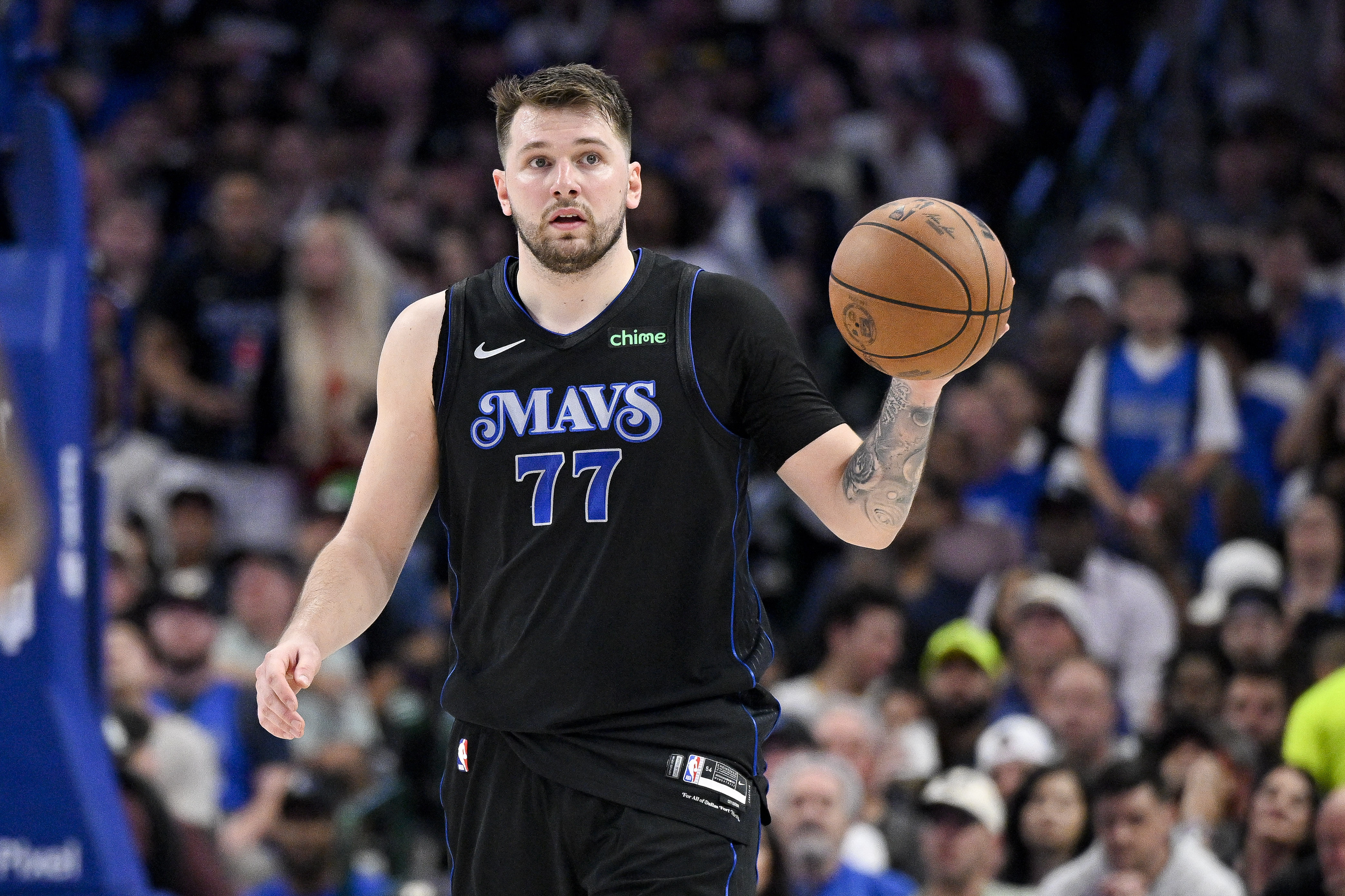 Dallas Mavericks guard Luka Doncic brings the ball up court against the LA Clippers at American Airlines Center. Photo Credit: Imagn