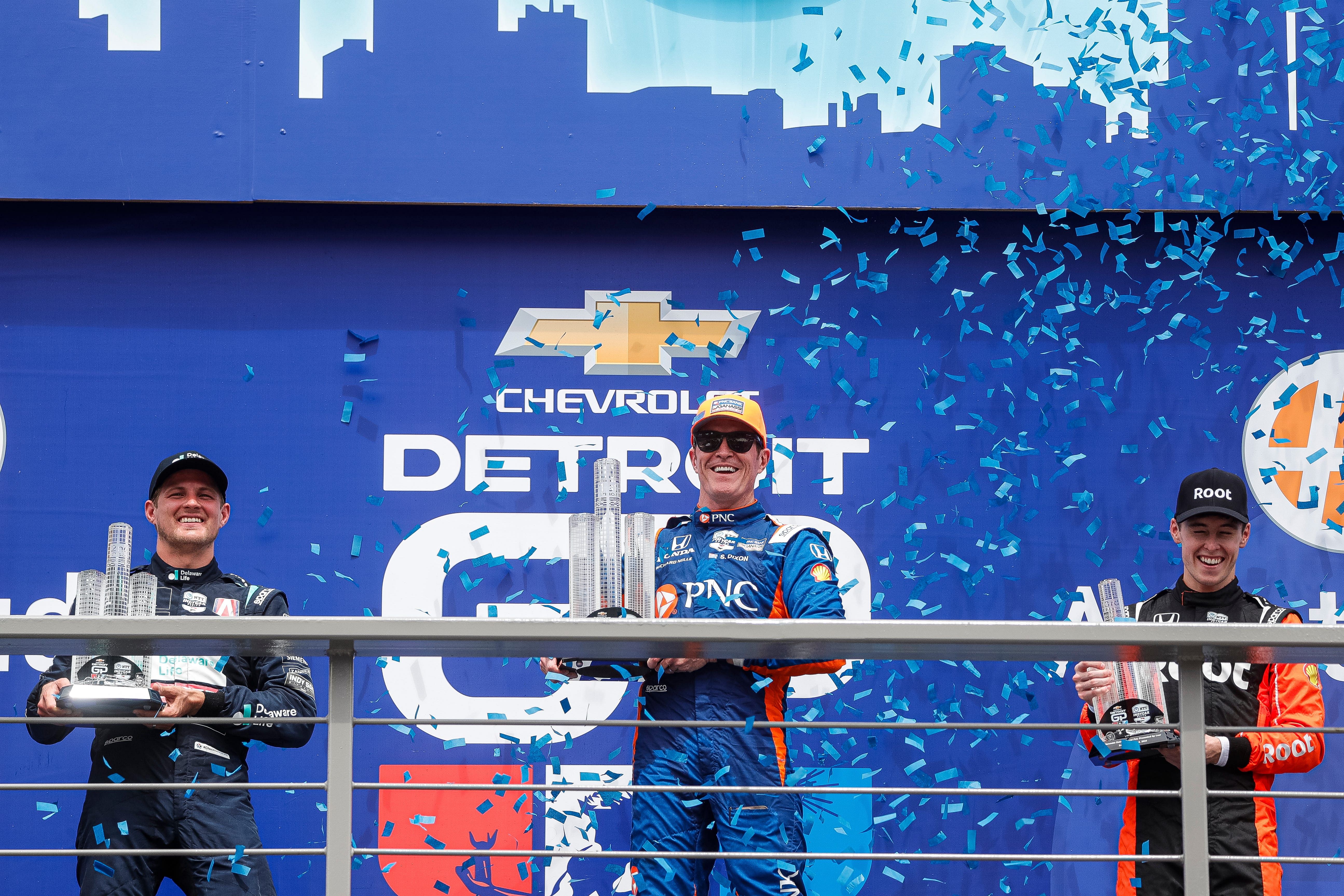 Marcus Armstrong (right) secured his first IndyCar podium (P3) in the 2024 Detroit Grand Prix - Source: Imagn