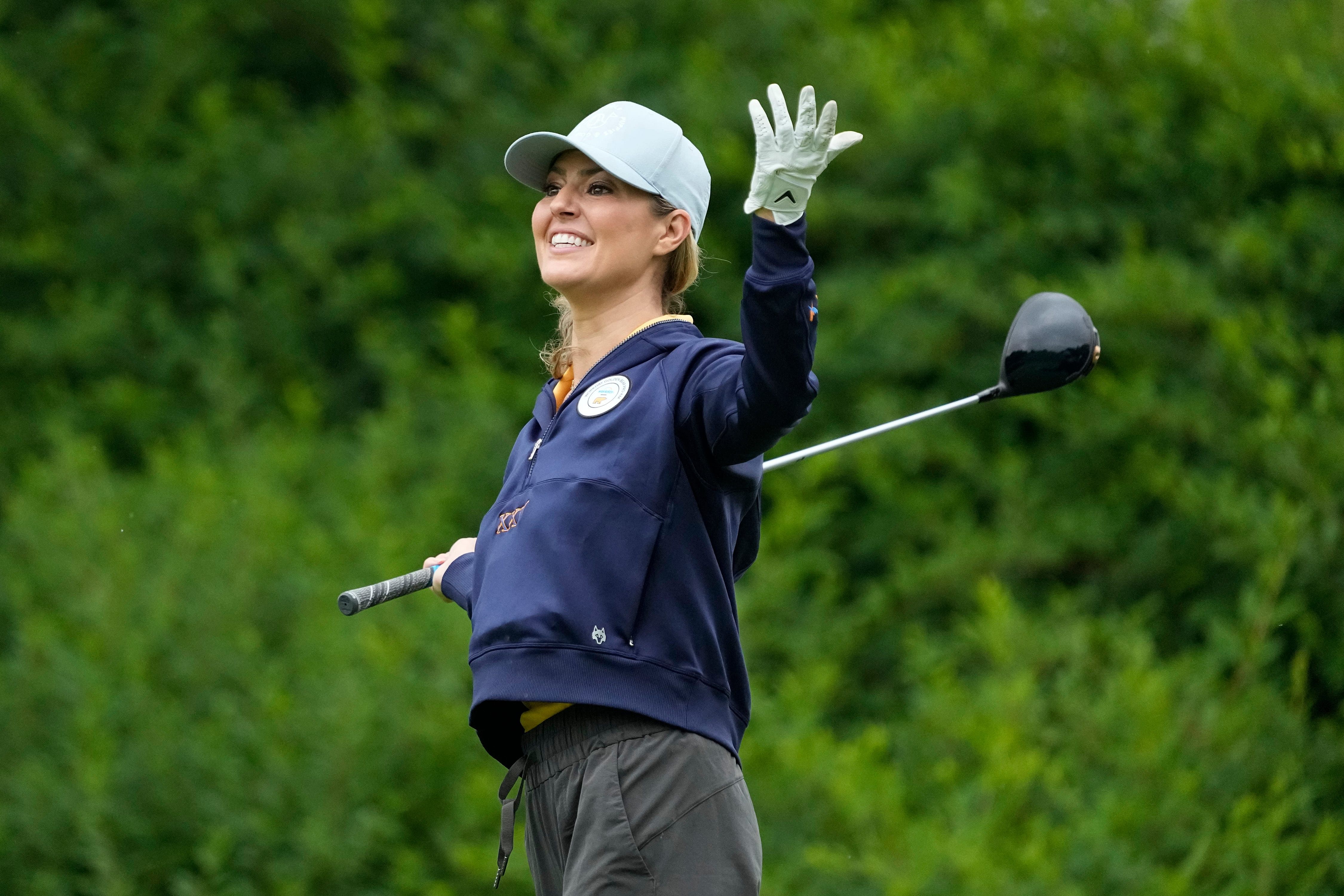 Amanda Balionis tees off on No. 10 during the Workday Golden Bear Pro-Am for the Memorial Tournament  - Source: Imagn