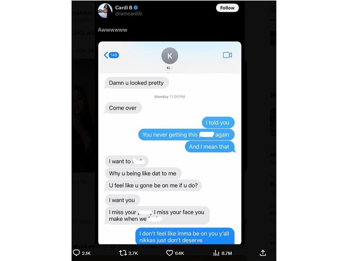 Cardi&#039;s DM with Offset (Image via X/ @DramaAlert)