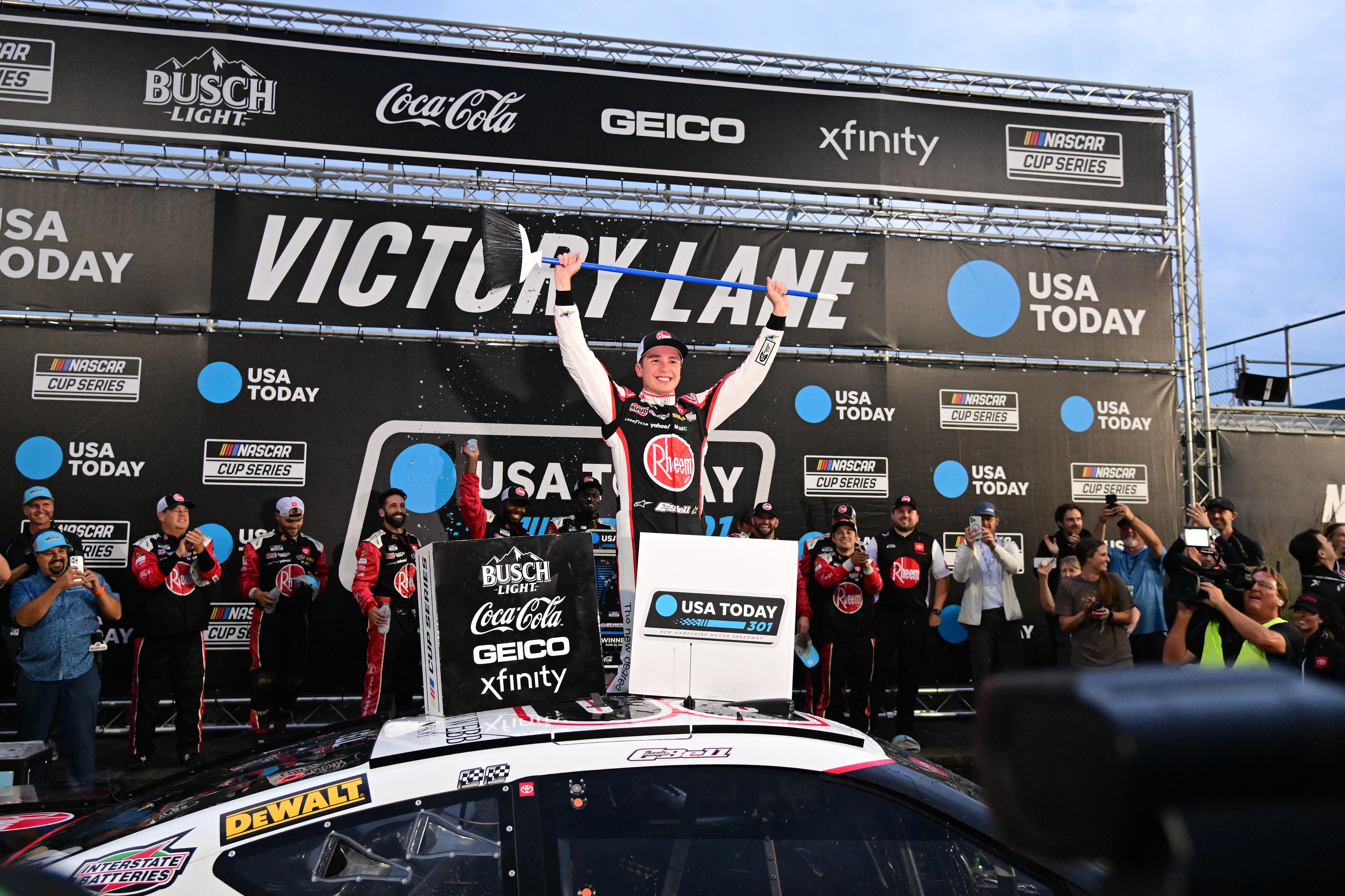 Christopher Bell (20) celebrates winning the USA TODAY 301 and sweeping the weekend at New Hampshire Motor Speedway. - Source: Imagn