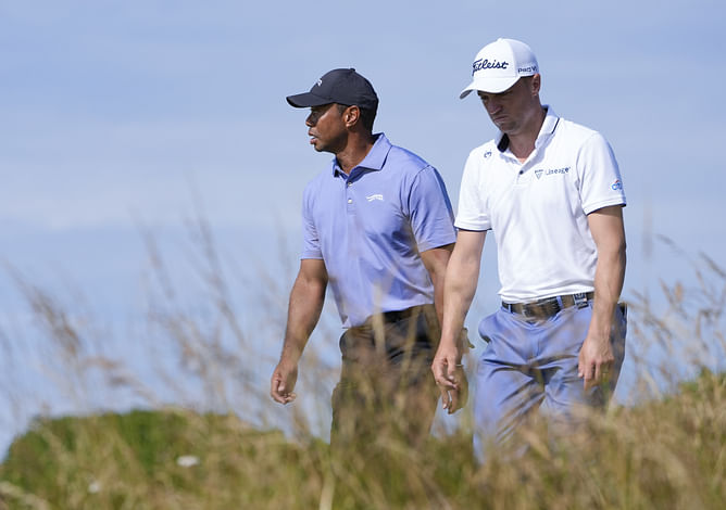 "Tiger Woods got a big bounce" - Justin Thomas reacts to PGA Tour's TB post of him being outdriven by the legend