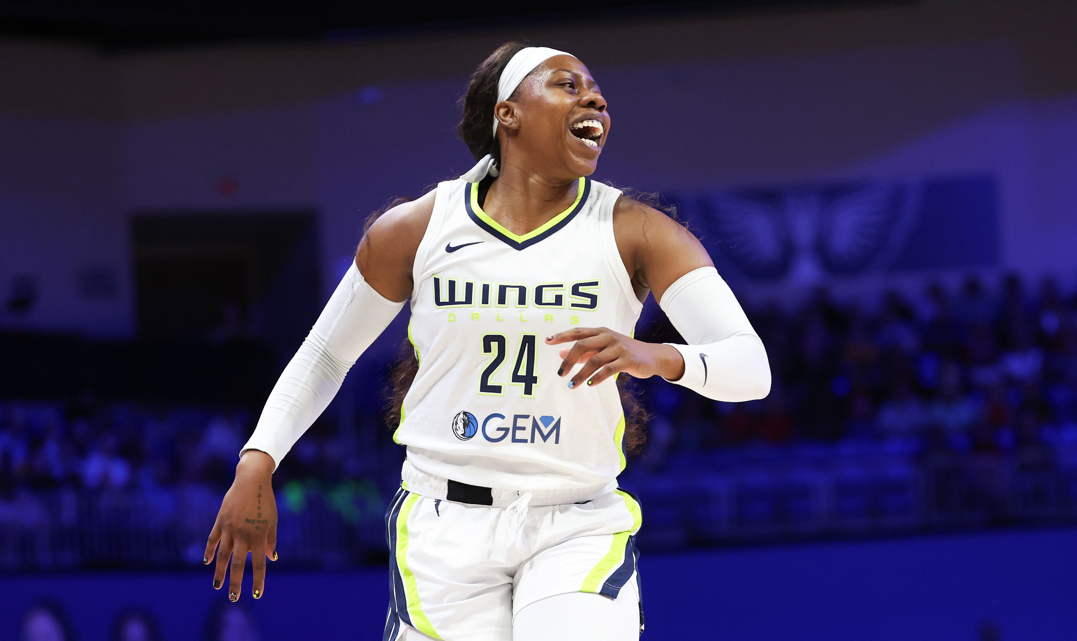 Dallas Wings guard Arike Ogunbowale reacts during the game against the Indiana Fever at College Park Center. Photo Credit: Imagn