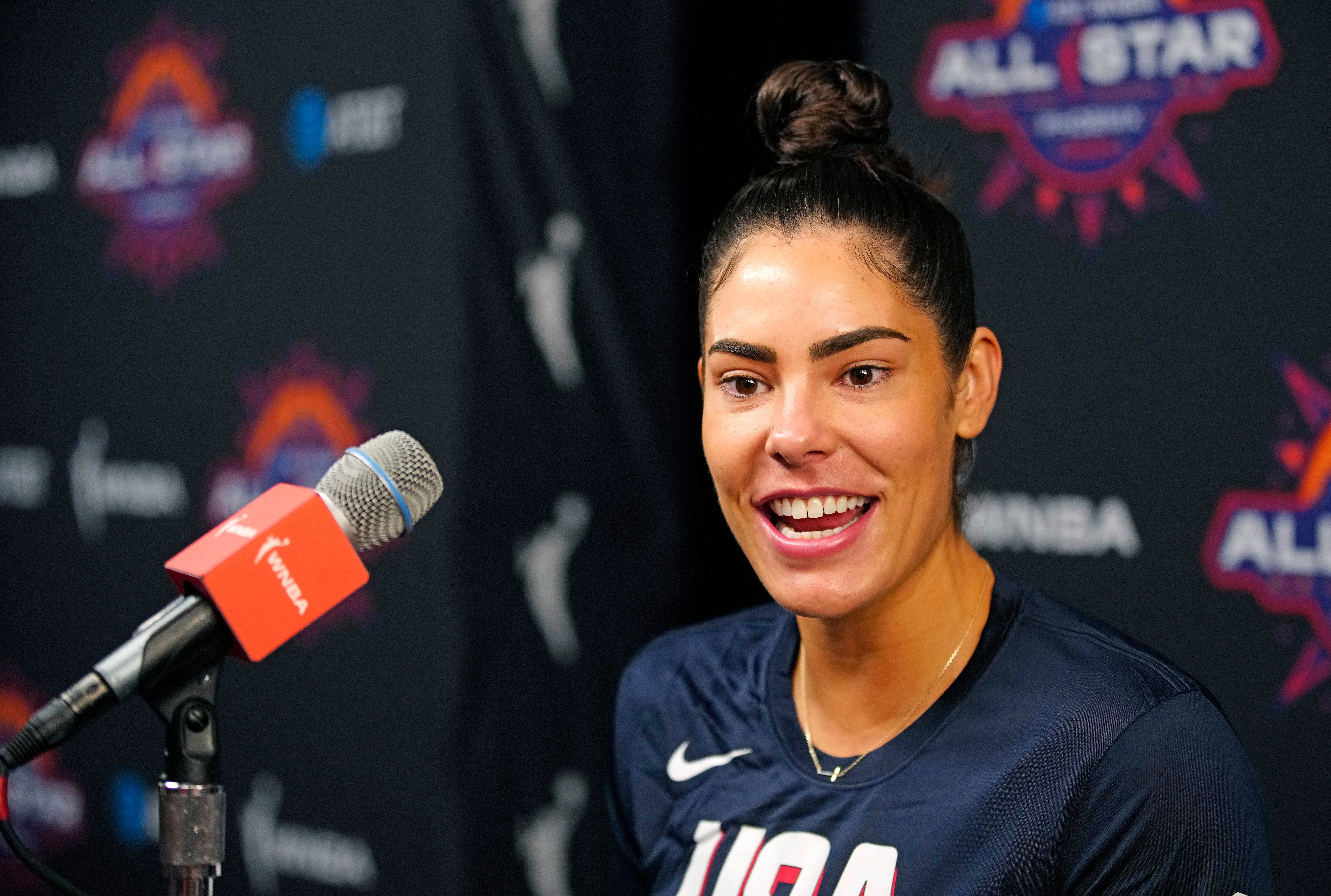 Team USA guard Kelsey Plum speaks to the press during WNBA All-Star Media Day at the Footprint Center Photo Credit: Imagn