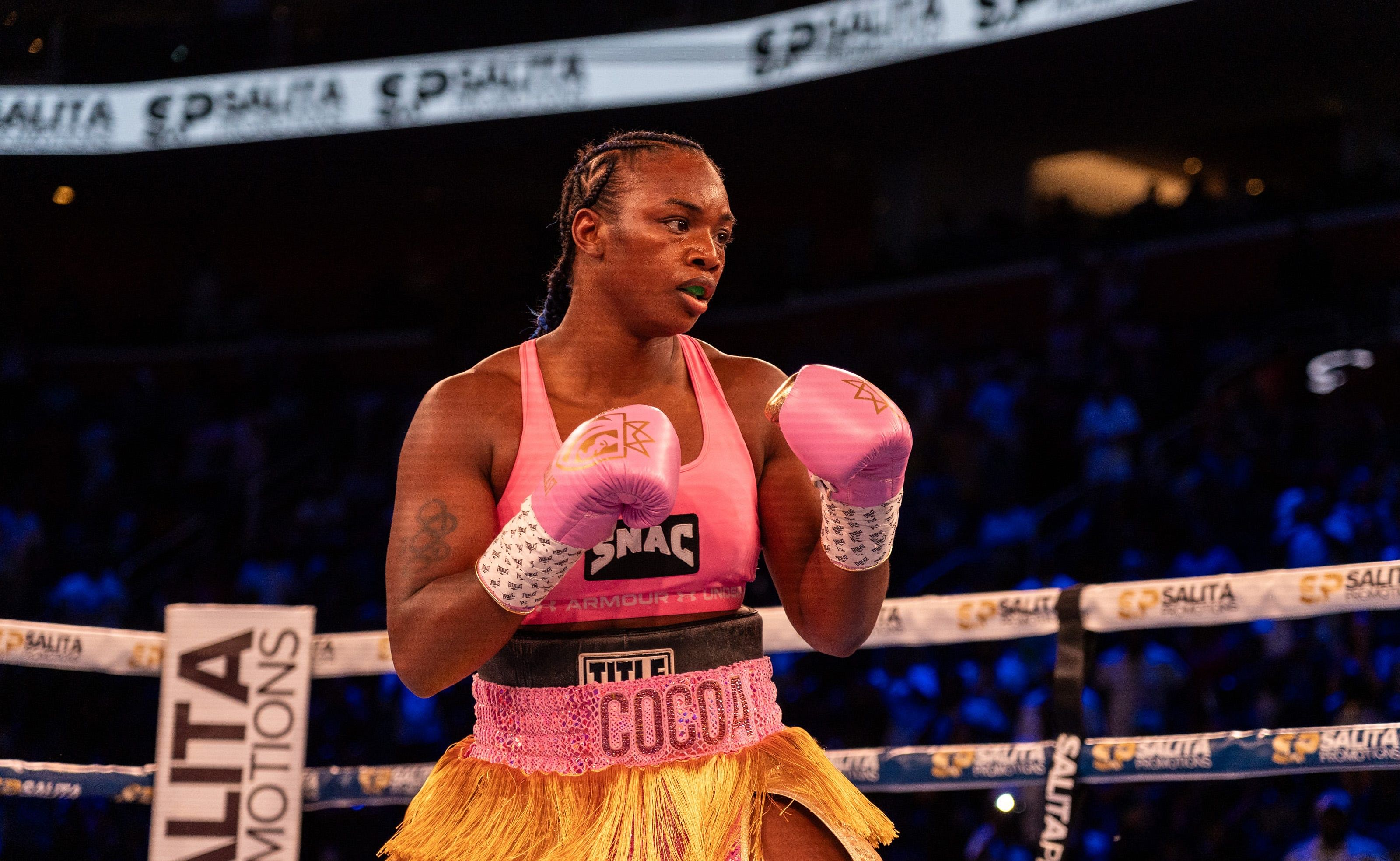 Boxer Claressa Shields of Flint, Michigan, fights women&#039;s WBC champion Vanessa Lepage-Joanisse during their main event fight at Little Caesars Arena in Detroit on Saturday, July 27, 2024. Photo: Imagn