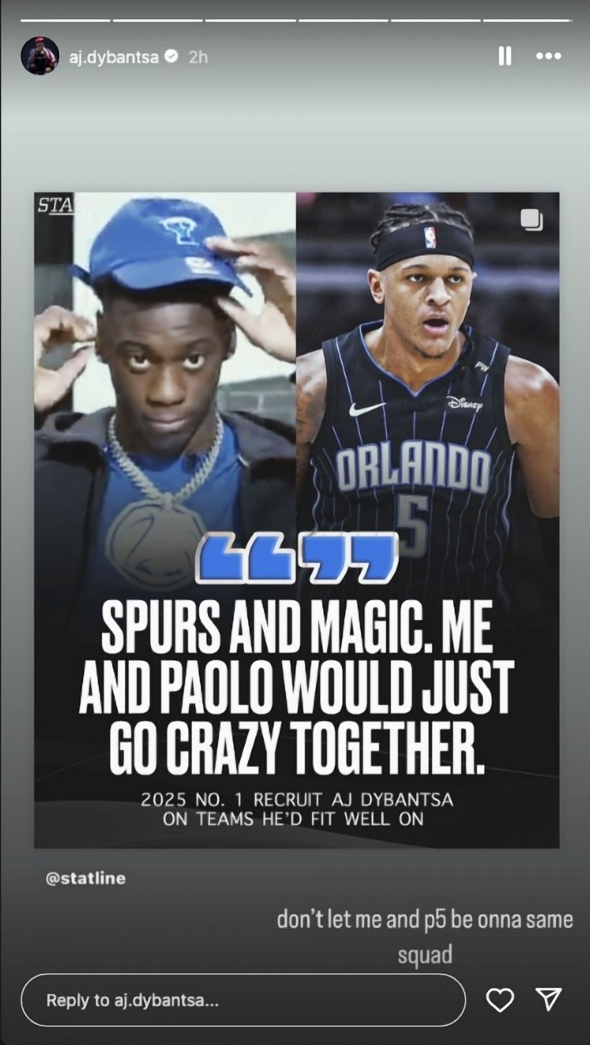 AJ Dybantsa teases wanting to play with Paolo Banchero on the Orlando Magic (image credit: Dybantsa&#039;s IG)