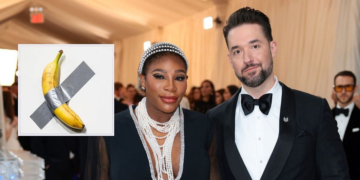 Art piece &quot;Comedian,&quot; by Maurizio Cattelan (Inset), Serena Williams and Alexis Ohanian [Image source: Getty]