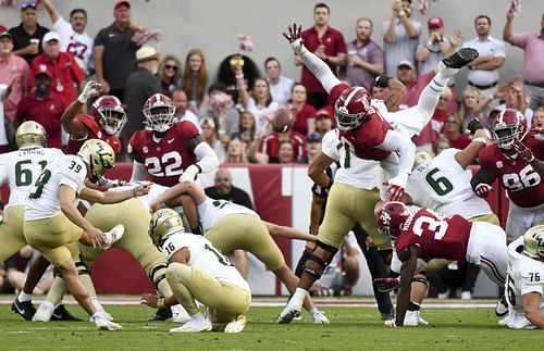 Alabama's Jehiem Oatis, here leaping to block a field goal, could be a star at Colorado. (Photo Credit: IMAGN)