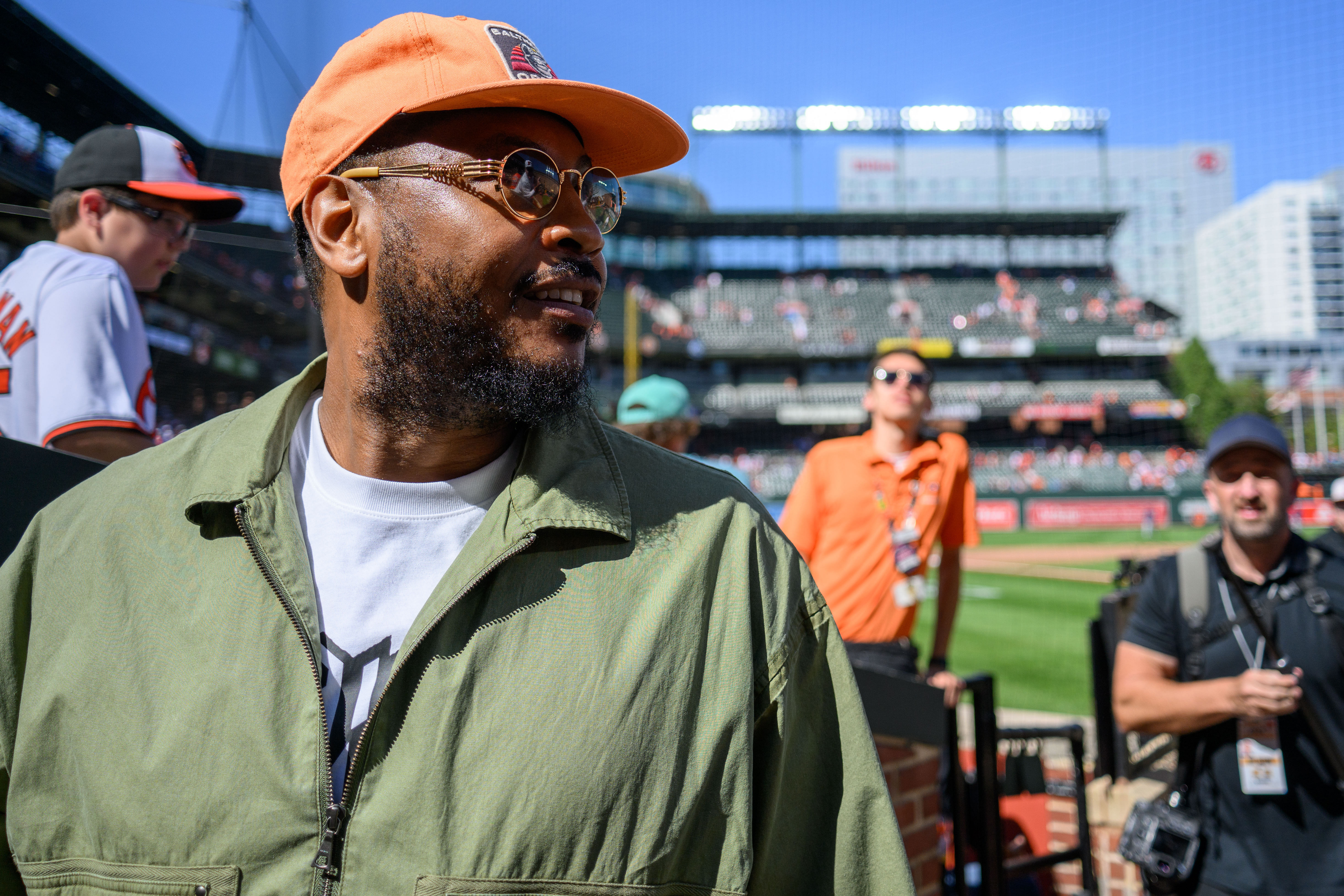 Sep 8, 2024; Baltimore, Maryland, USA; Former professional basketball player Carmelo Anthony looks on after the game between the Baltimore Orioles and the Tampa Bay Rays at Oriole Park at Camden Yards. Mandatory Credit: Reggie Hildred-Imagn Images - Source: Imagn