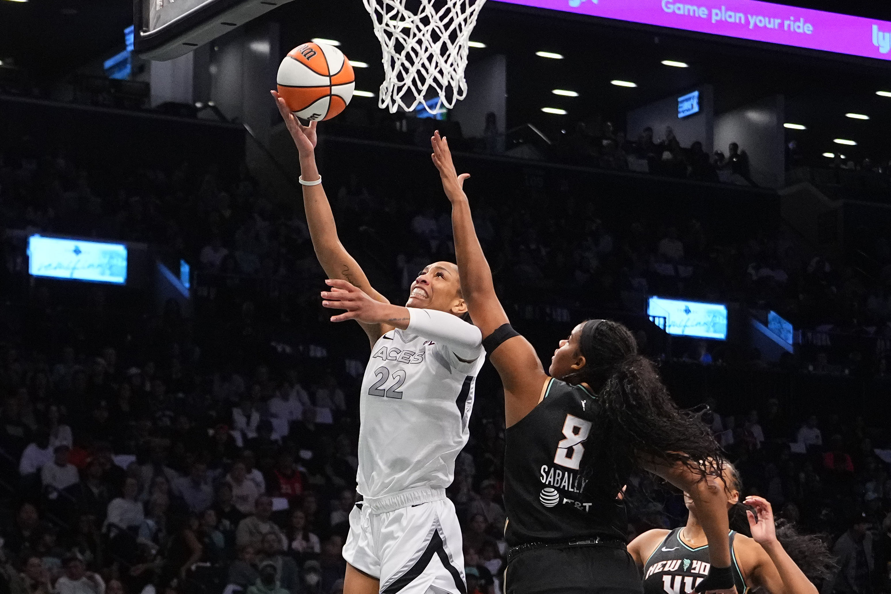 Las Vegas Aces center A&#039;ja Wilson shoots a layup against the New York Liberty at Barclays Center. Photo Credit: Imagn