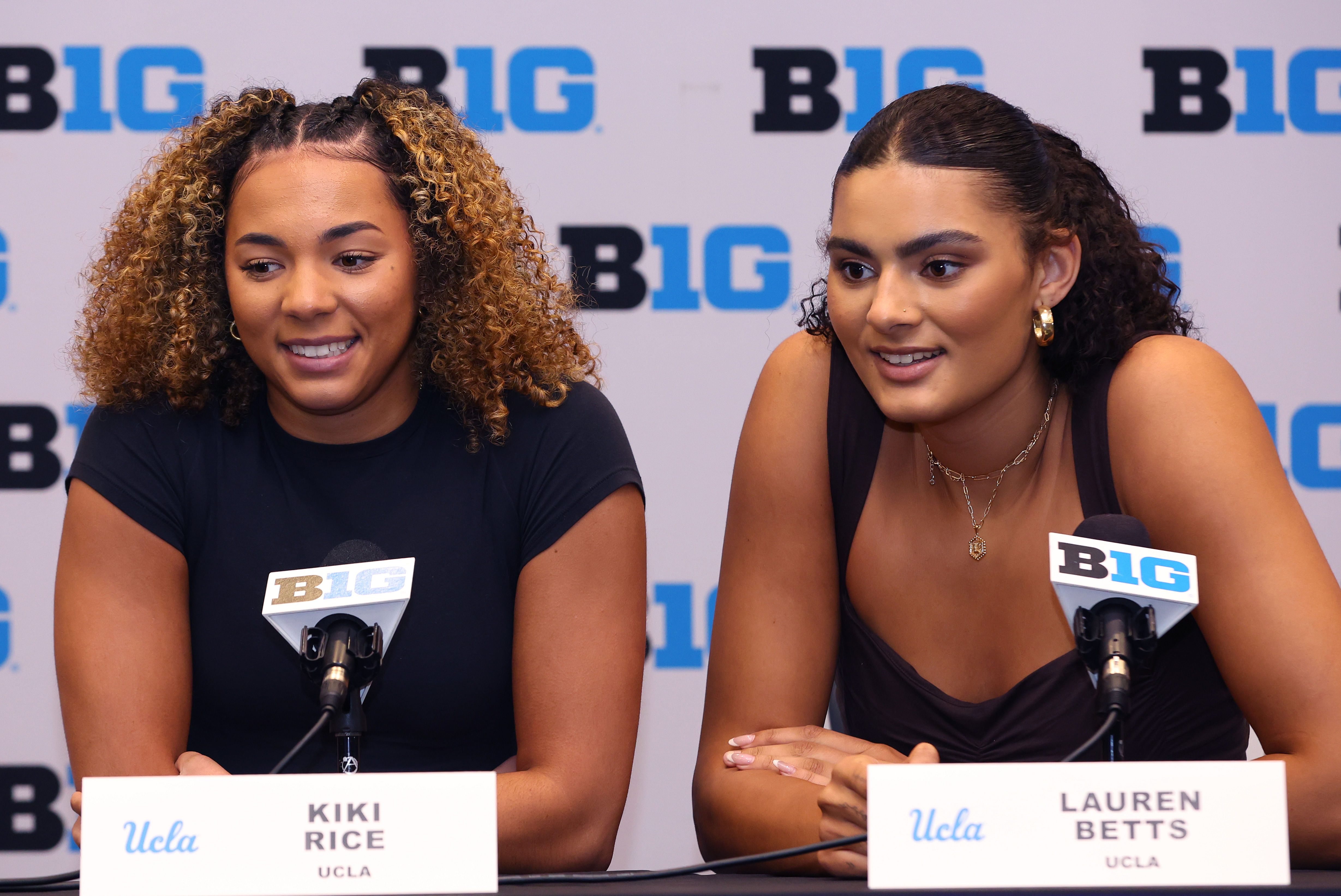 Kiki Rice and Lauren Betts during the 2024 Big Ten media day. Source: Melissa Tamez, Imagn