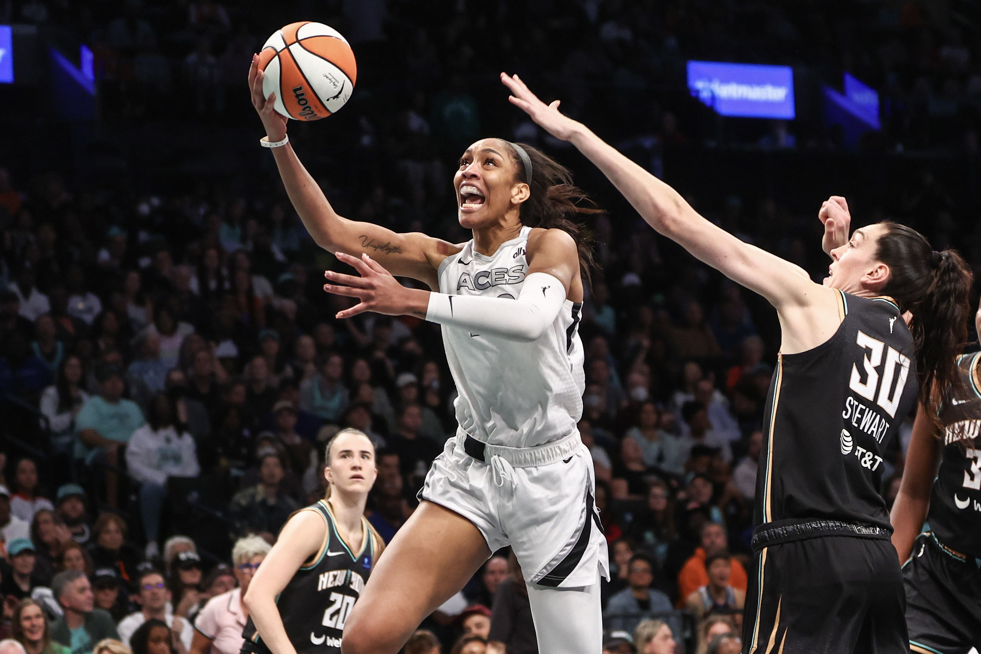 Las Vegas Aces center A&#039;ja Wilson and New York Liberty forward Breanna Stewart during a game at Barclays Center. Photo Credit: Imagn