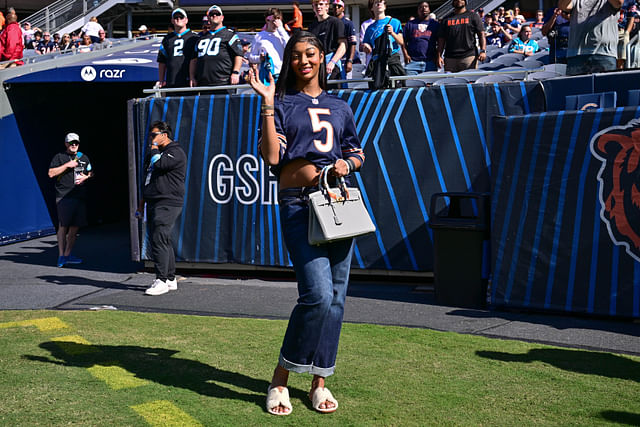 Oct 6, 2024; Chicago, Illinois, USA; Chicago Sky forward Angel Reese poses for a photo before the game between the Chicago Bears and Carolina Panthers at Soldier Field. Mandatory Credit: Daniel Bartel-Imagn Images - Source: Imagn