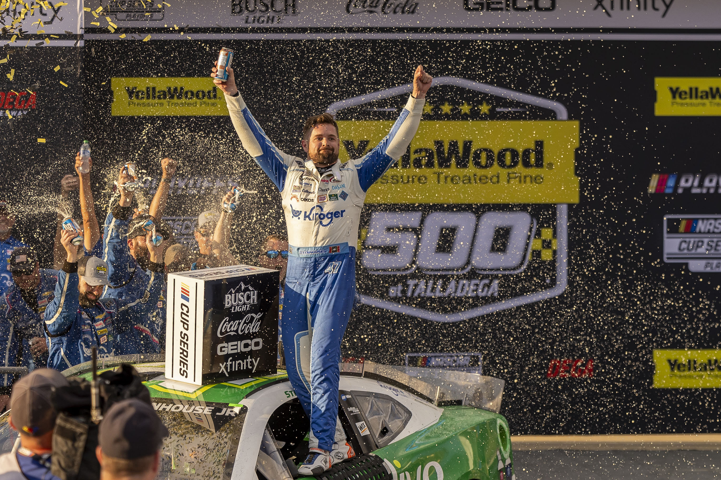 Ricky Stenhouse, Jr. (47) celebrates a win in Victory Lane after the YellaWood 500 at Talladega Superspeedway. - Source: Imagn