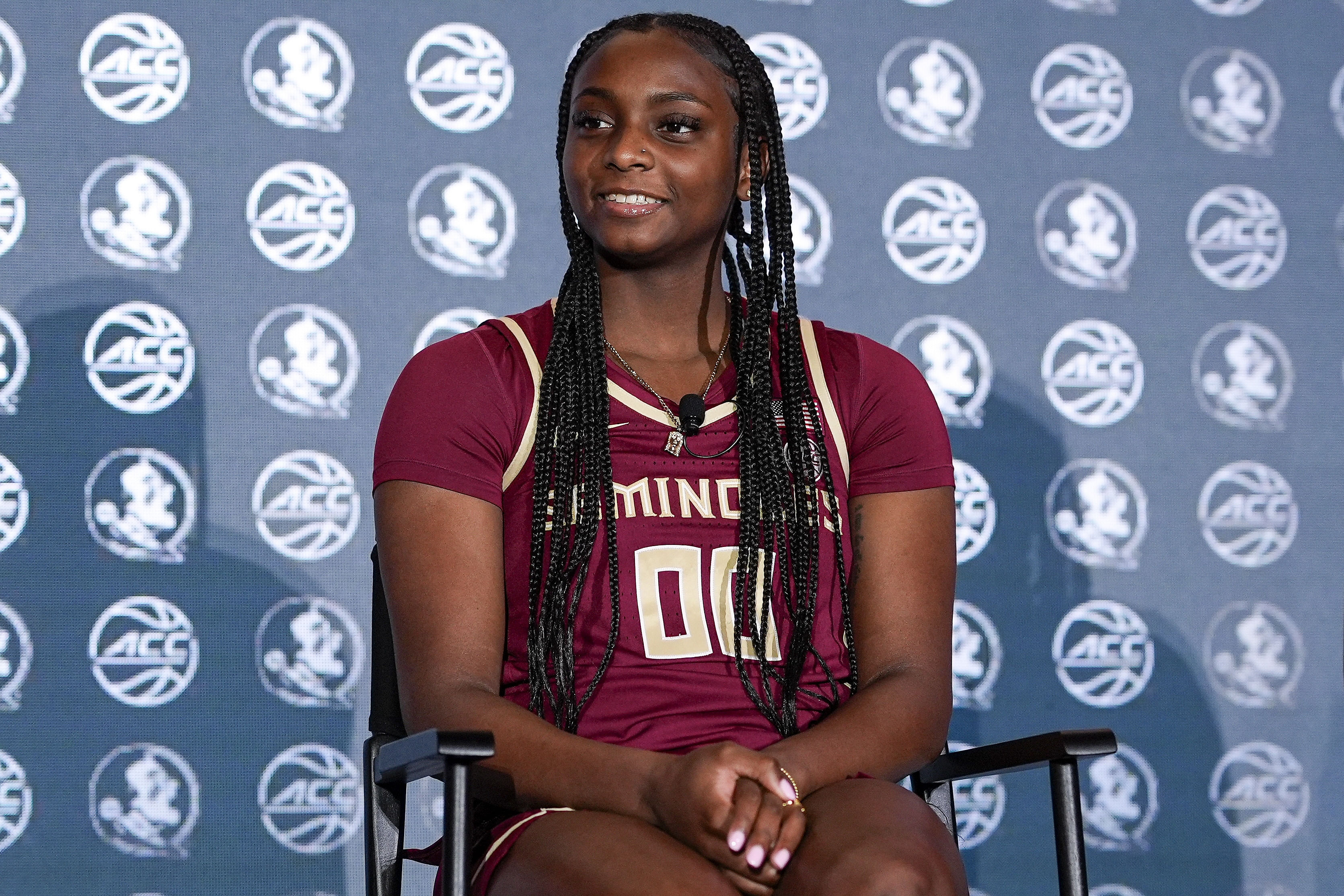 Florida State player Ta&#039;Niya Latson smiles in front of the cameras during the ACC Media Days at The Hilton Charlotte Uptown. Photo: Imagn