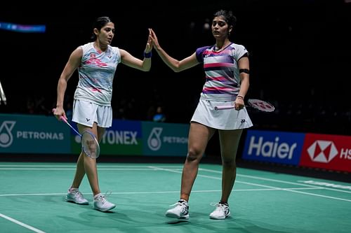 Tanisha Crasto (R) and Ashwini Ponnappa in action at 2024 Malaysia Open - Source: Getty