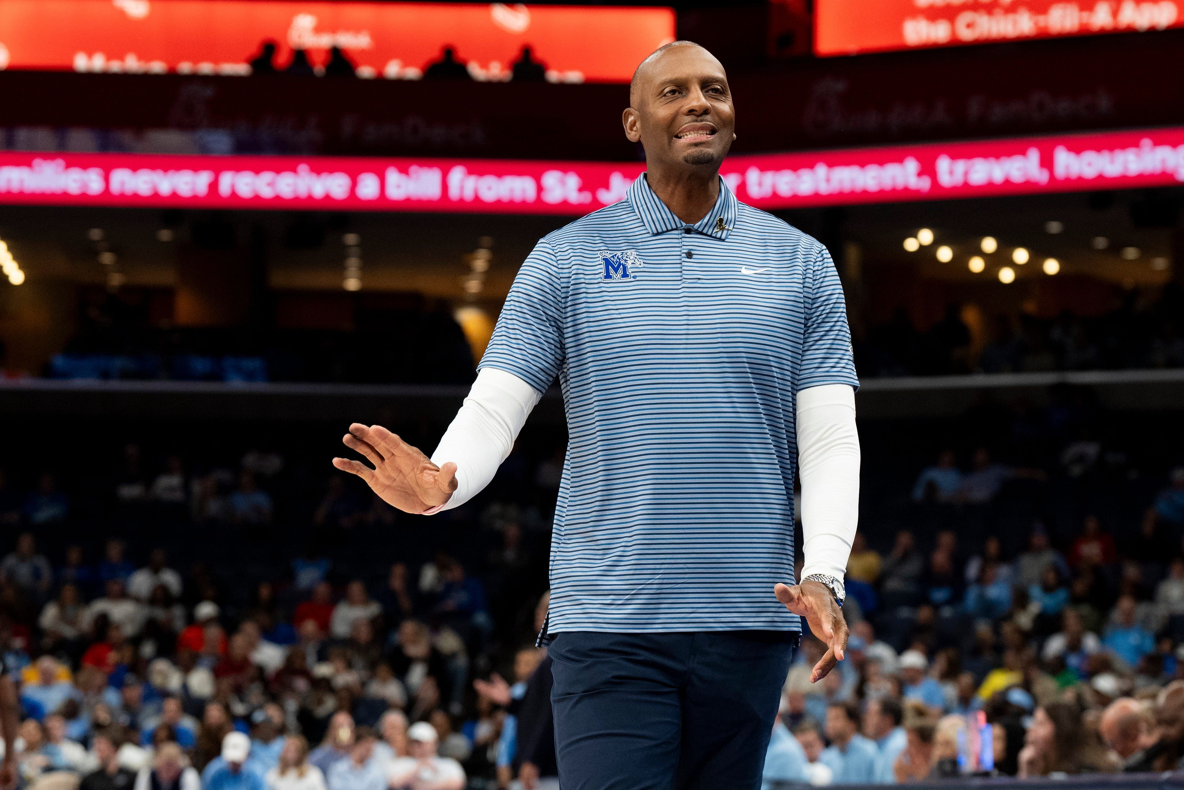 Memphis&#039; head coach Penny Hardaway reacts during the game against UNC in the Hoops for St. Jude Tip Off Classic at FedExForum on Tuesday, October 15, 2024. Photo: Imagn