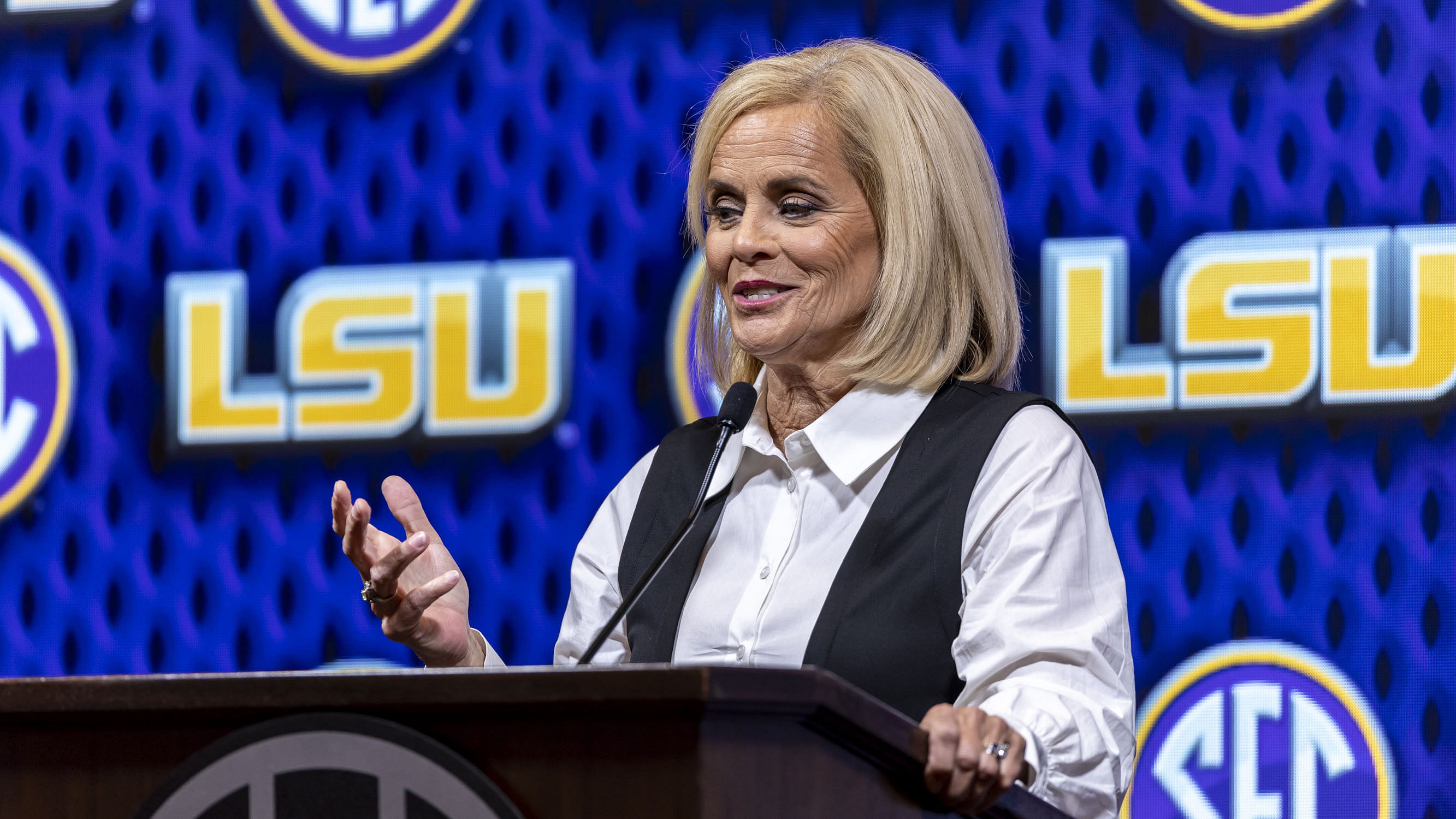 LSU Tigers head coach Kim Mulkey talks with the media during SEC Media Days at the Grand Bohemian Hotel. Photo: Imagn