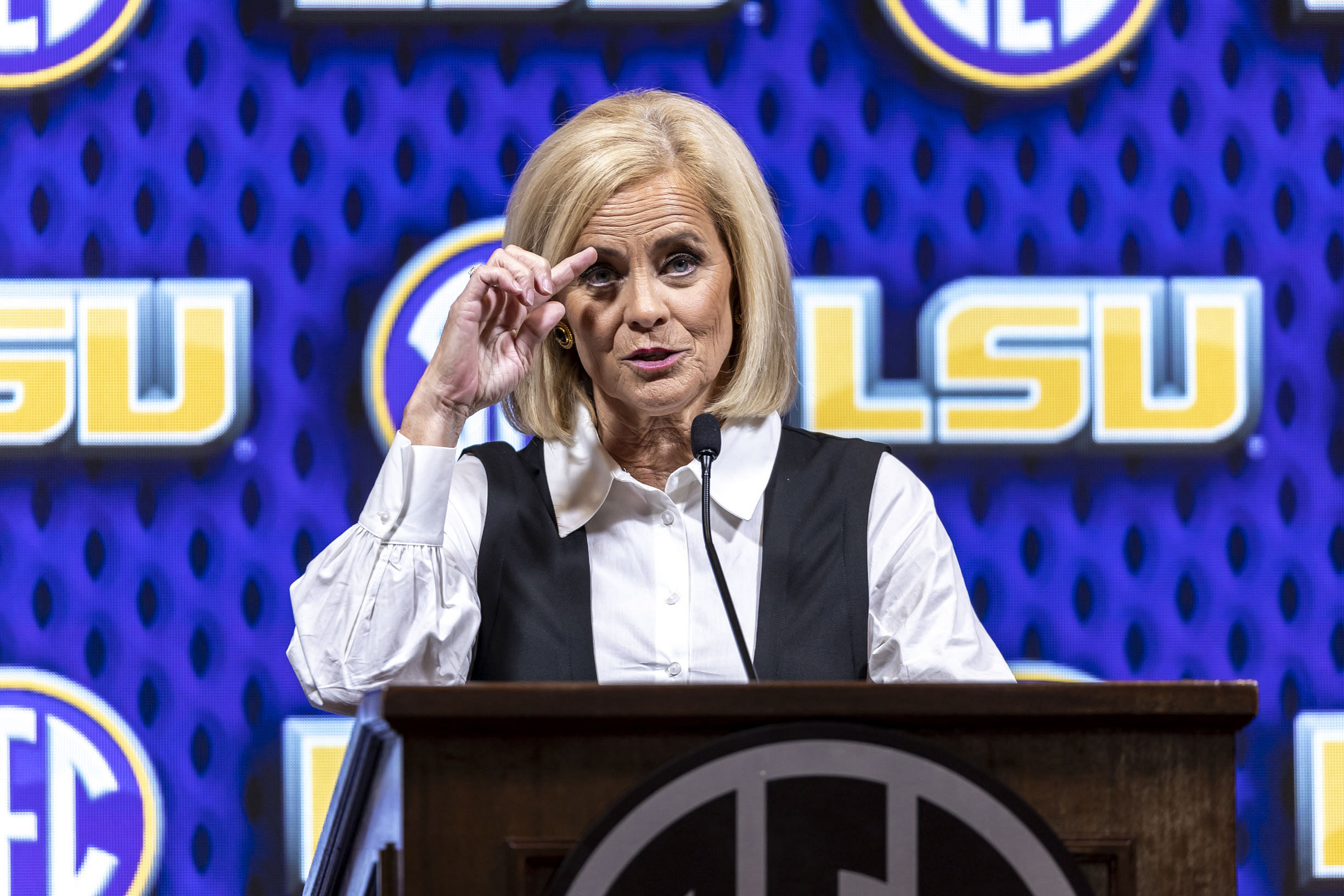 LSU Tigers head coach Kim Mulkey talks with the media during SEC Media Days at the Grand Bohemian Hotel. Photo: Imagn