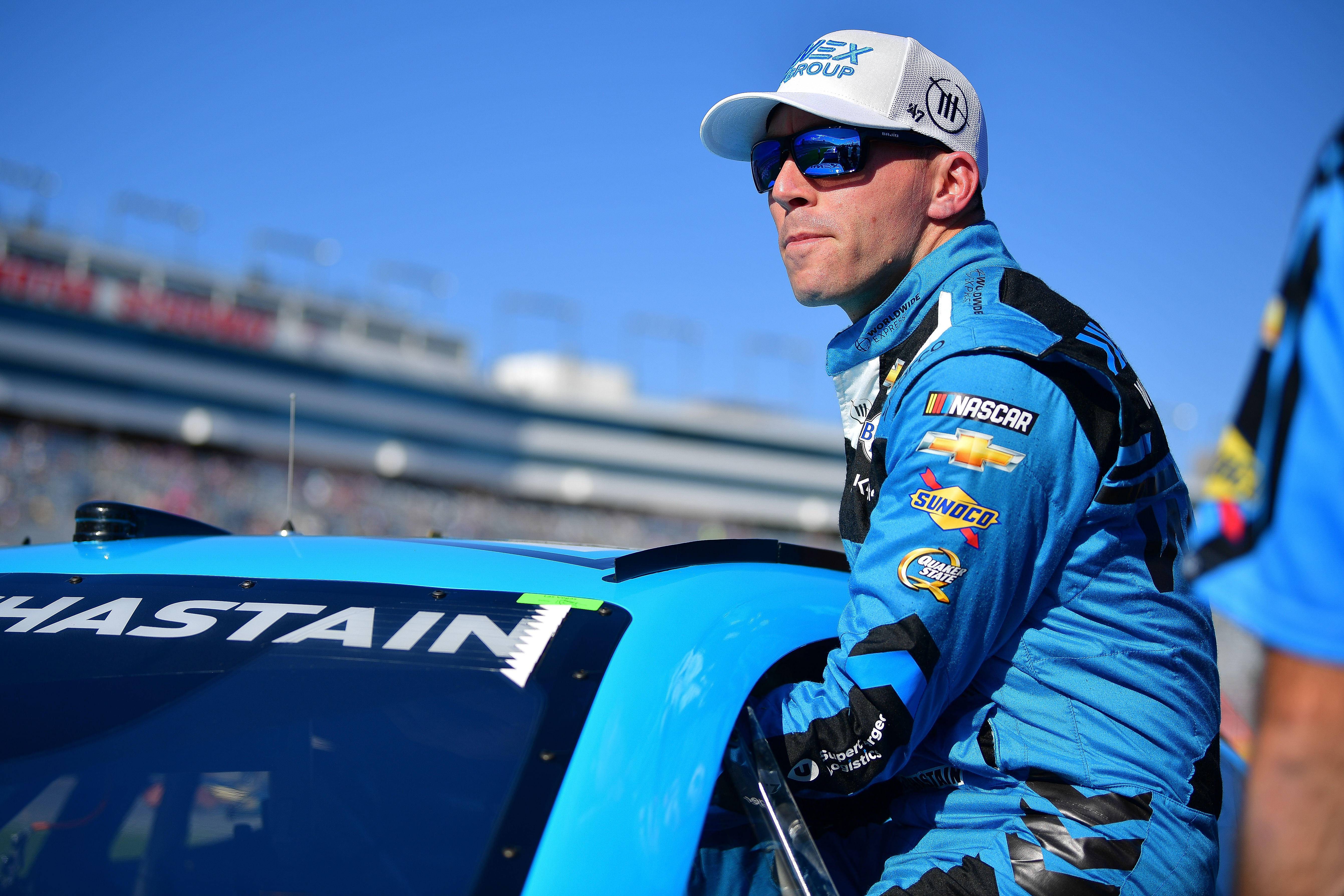 Oct 19, 2024; Las Vegas, Nevada, USA; NASCAR Cup Series driver Ross Chastain (1) during qualifying for the South Point 400 at Las Vegas Motor Speedway. Mandatory Credit: Gary A. Vasquez-Imagn Images