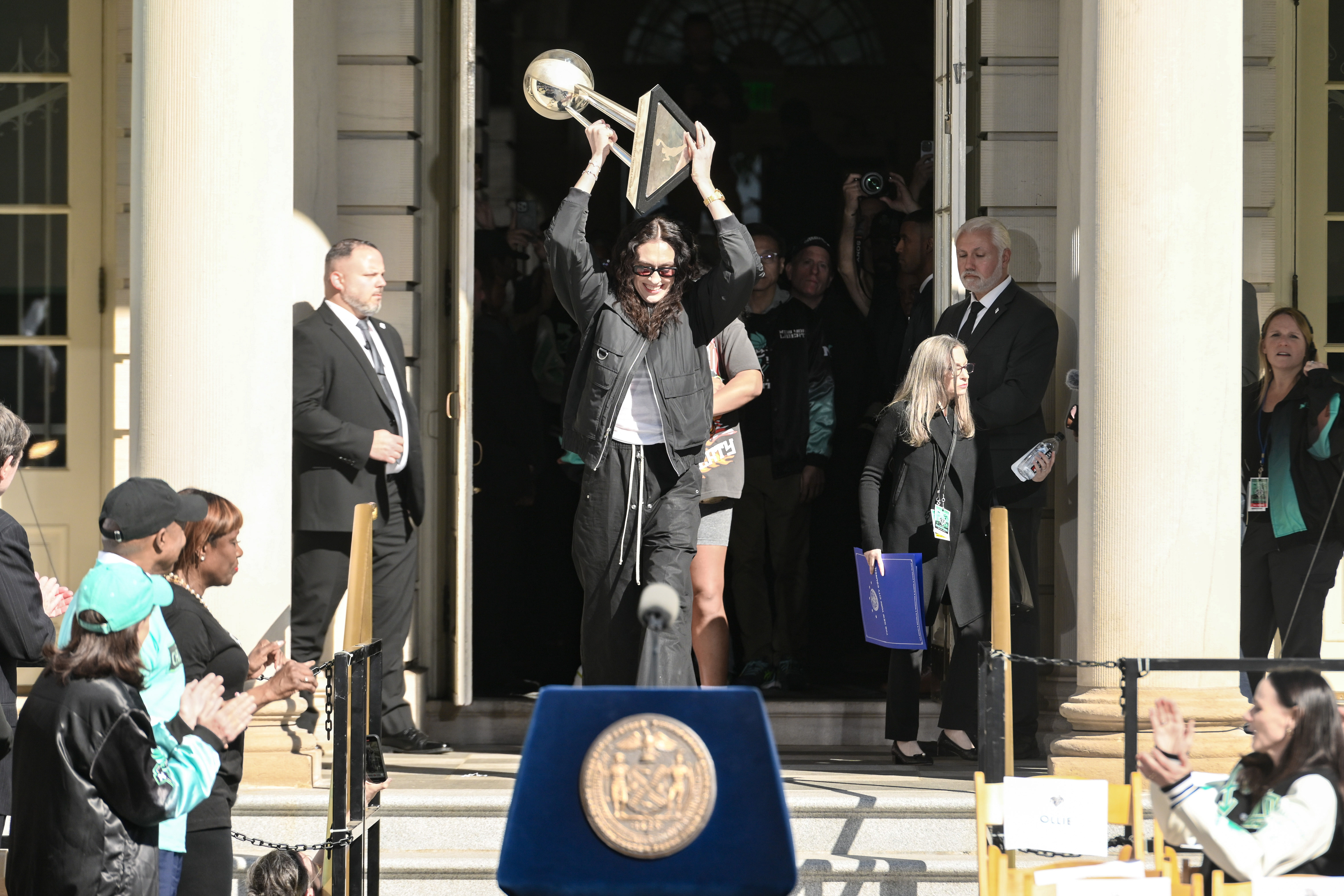 New York Liberty forward Breanna Stewart during the teams championship celebration at City Hall in New York. Photo Credit: Imagn