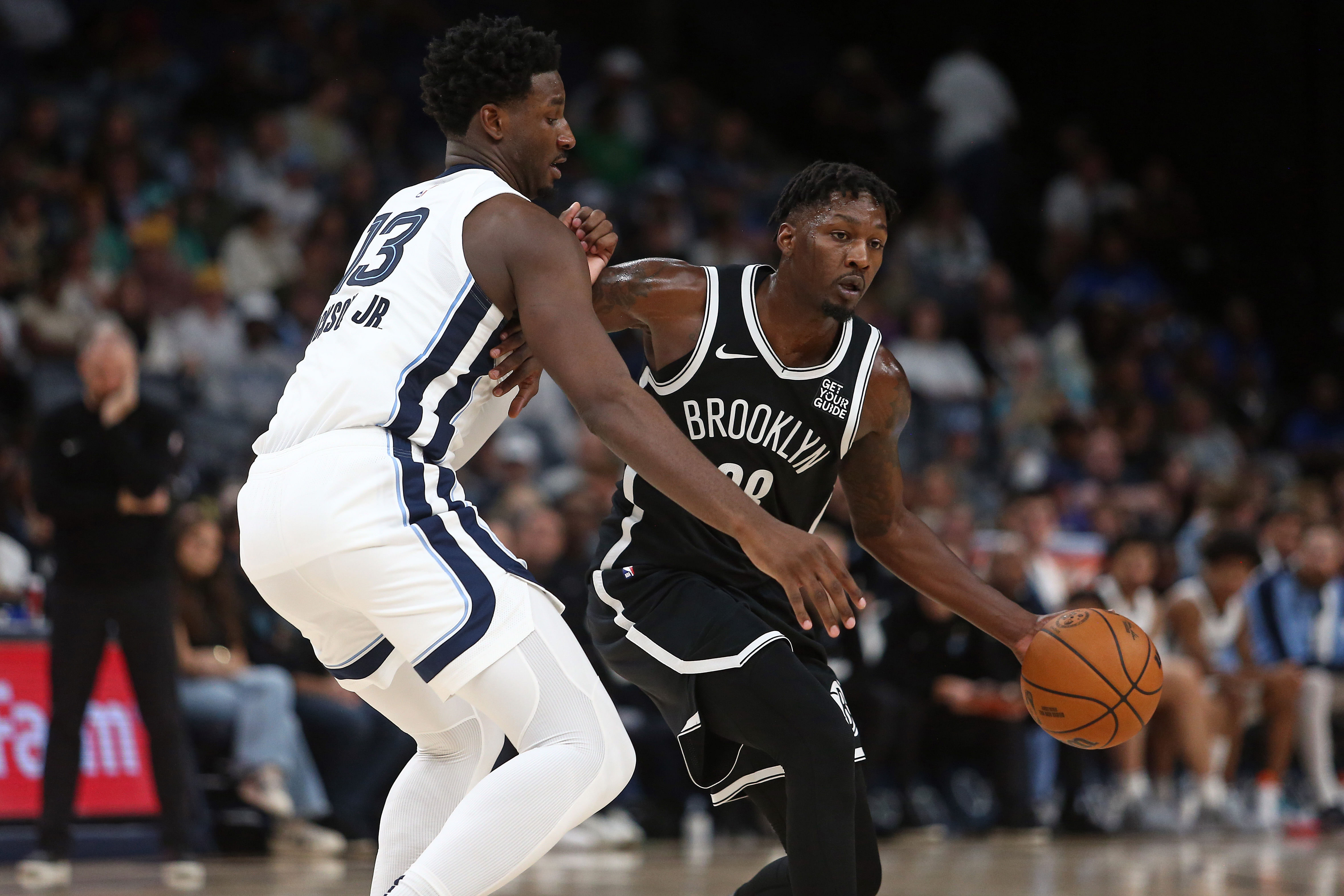 Brooklyn Nets forward Dorian Finney-Smith dribbles as &lt;a href=&#039;https://www.sportskeeda.com/basketball/memphis-grizzlies&#039; target=&#039;_blank&#039; rel=&#039;noopener noreferrer&#039;&gt;Memphis Grizzlies&lt;/a&gt; forward Jaren Jackson Jr. defends at FedExForum. (Photo Credit: Imagn)