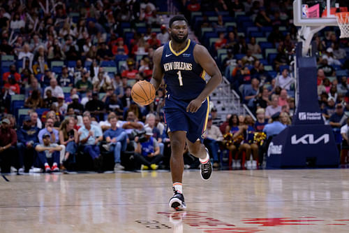 Zion Williamson in action for the New Orleans Pelicans during an NBA game. (Credits: IMAGN)