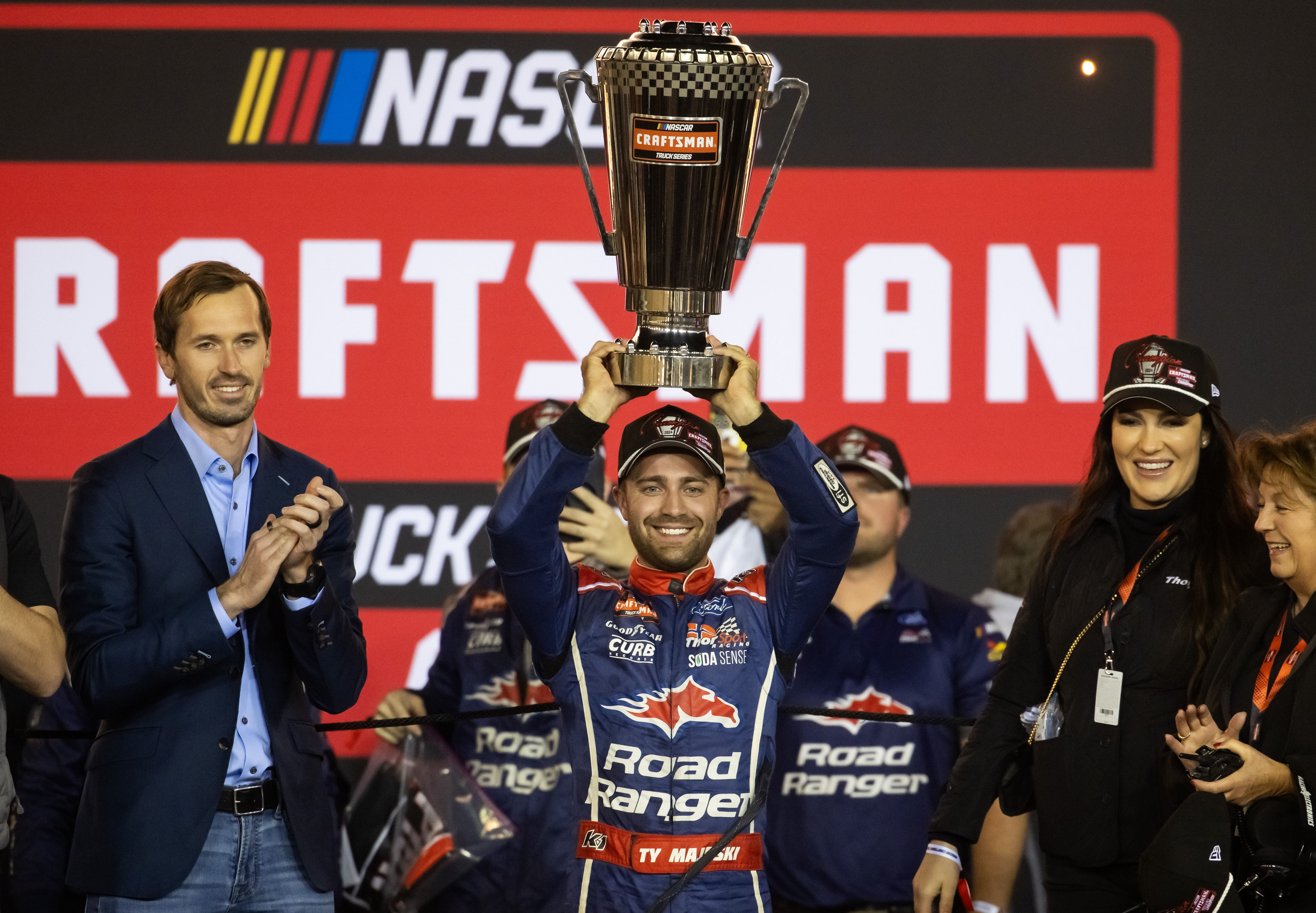 NASCAR Truck Series driver Ty Majeski celebrates after winning the 2024 championship - Source: Imagn