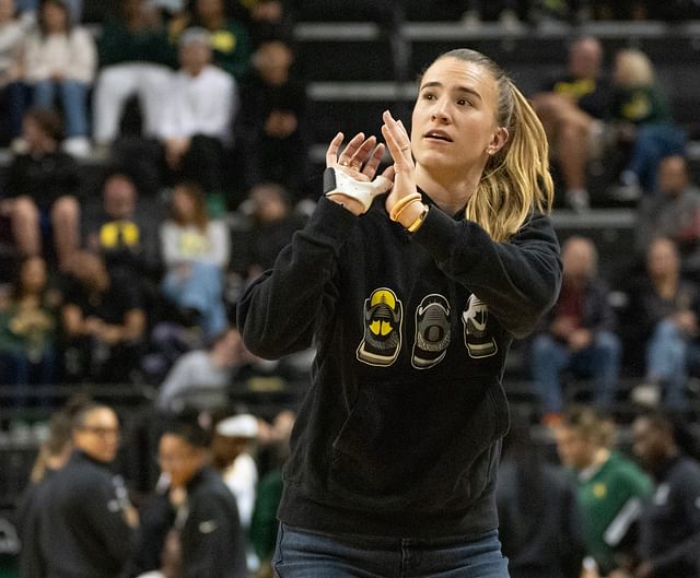 Sabrina Ionescu mimes taking a shot during her appearance on the court during the game between Oregon and Baylor at Matthew Knight Arena in Eugene. - Source: Imagn