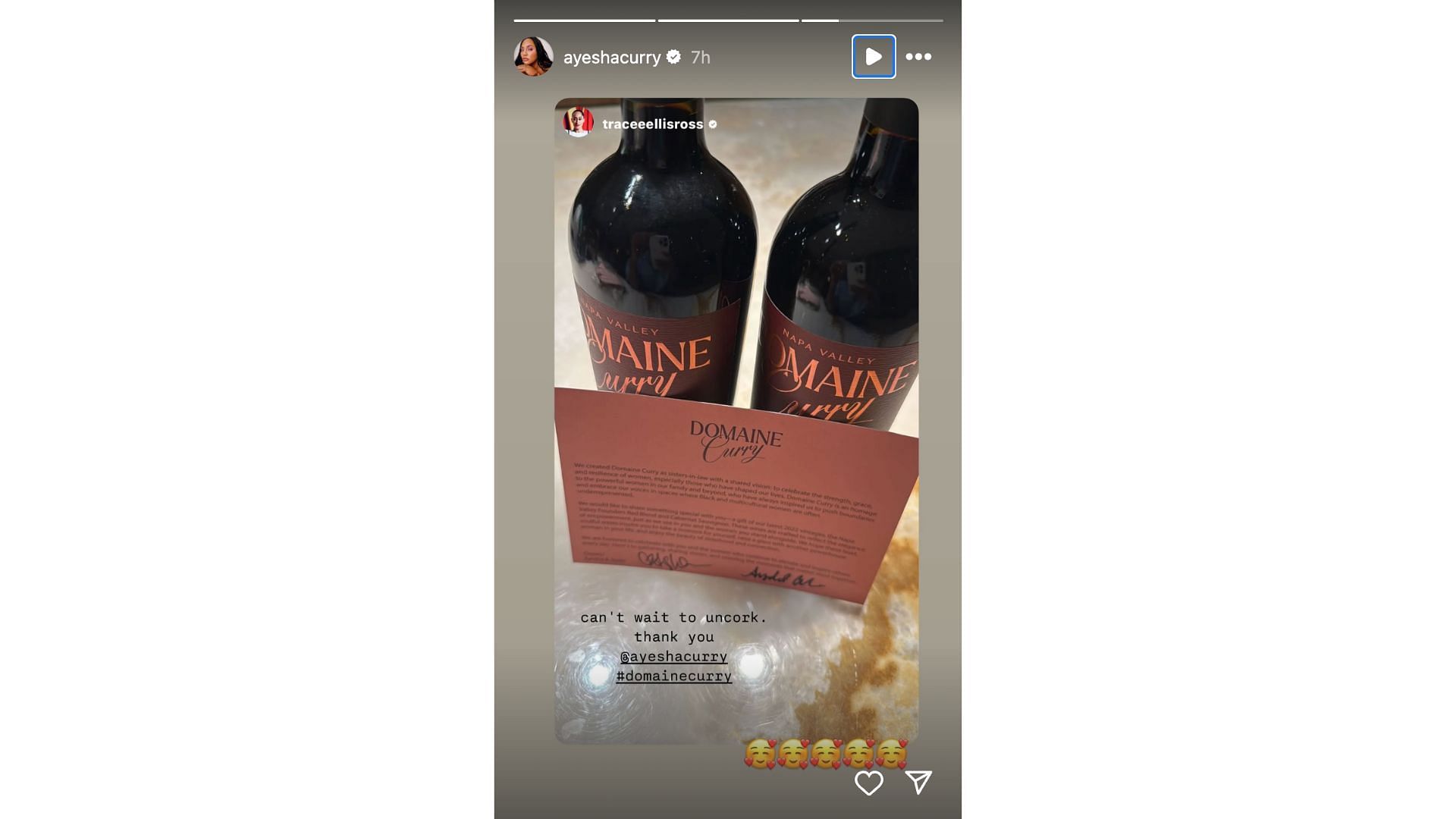 Tracee Ellis Ross shows support for Domaine Curry wine on social media. Photo Credit: Ayesha Curry's IG account.