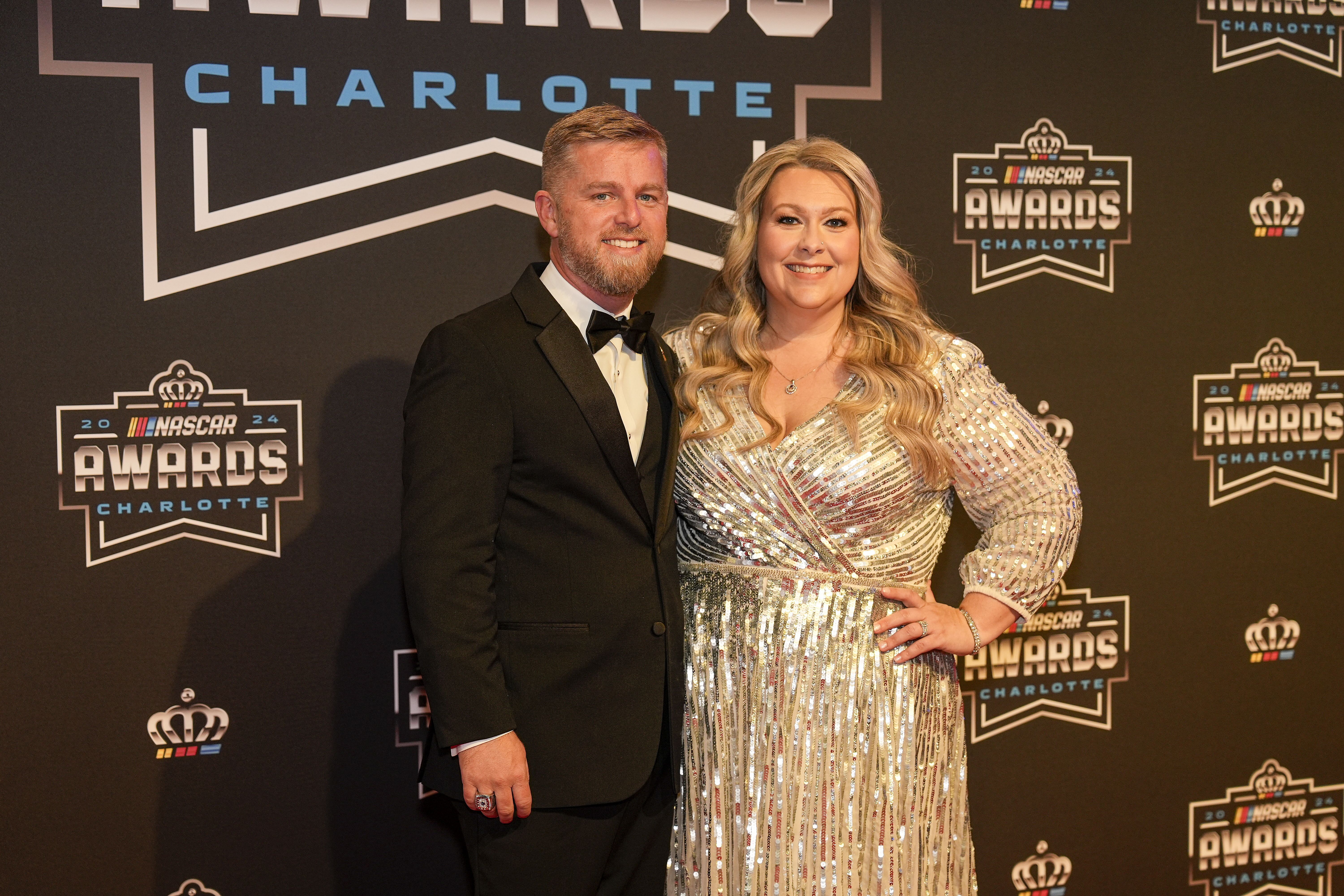 Justin Allgaier and wife Ashely during the NASCAR Awards Banquet at Charlotte Convention Center. Mandatory Credit: Jim Dedmon-Imagn Images