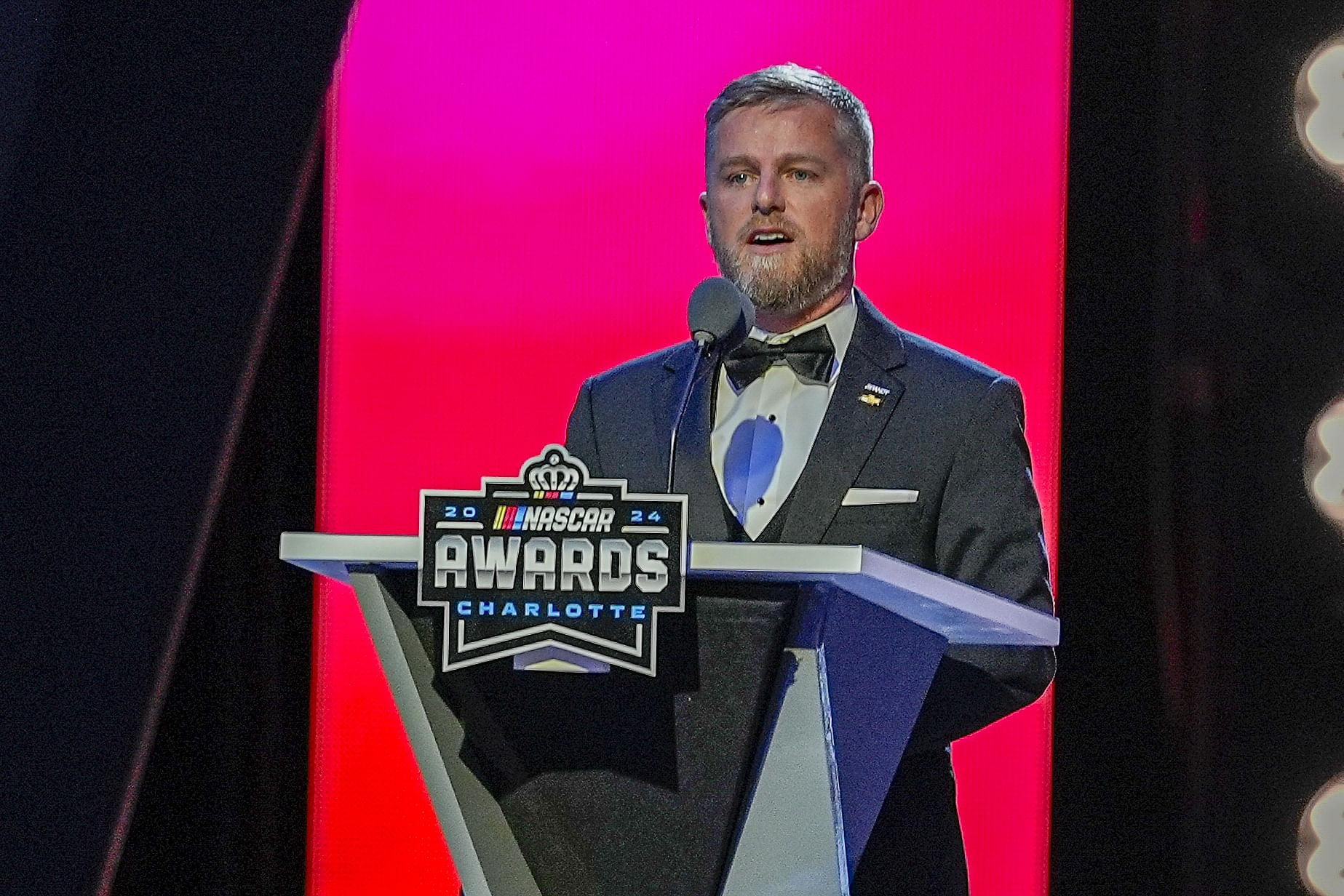 Justin Allgaier talks to the audience during the NASCAR Awards Banquet - Source: Imagn