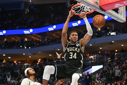 Milwaukee Bucks forward Giannis Antetokounmpo dunks a basket against the Indiana Pacers at Fiserv Forum. Photo Credit: Imagn