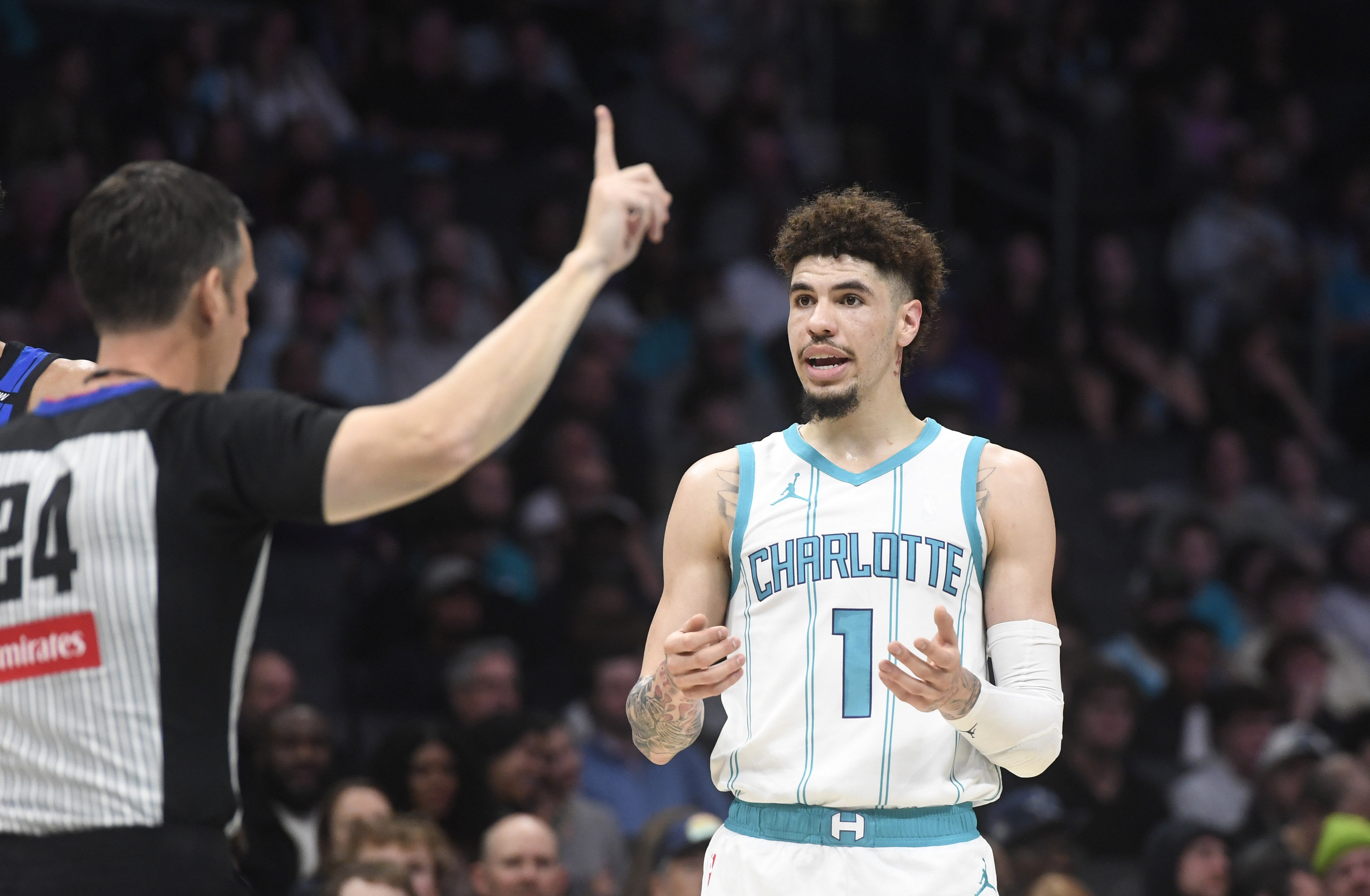 LaMelo Ball reacts during an NBA game (Credits: IMAGN)