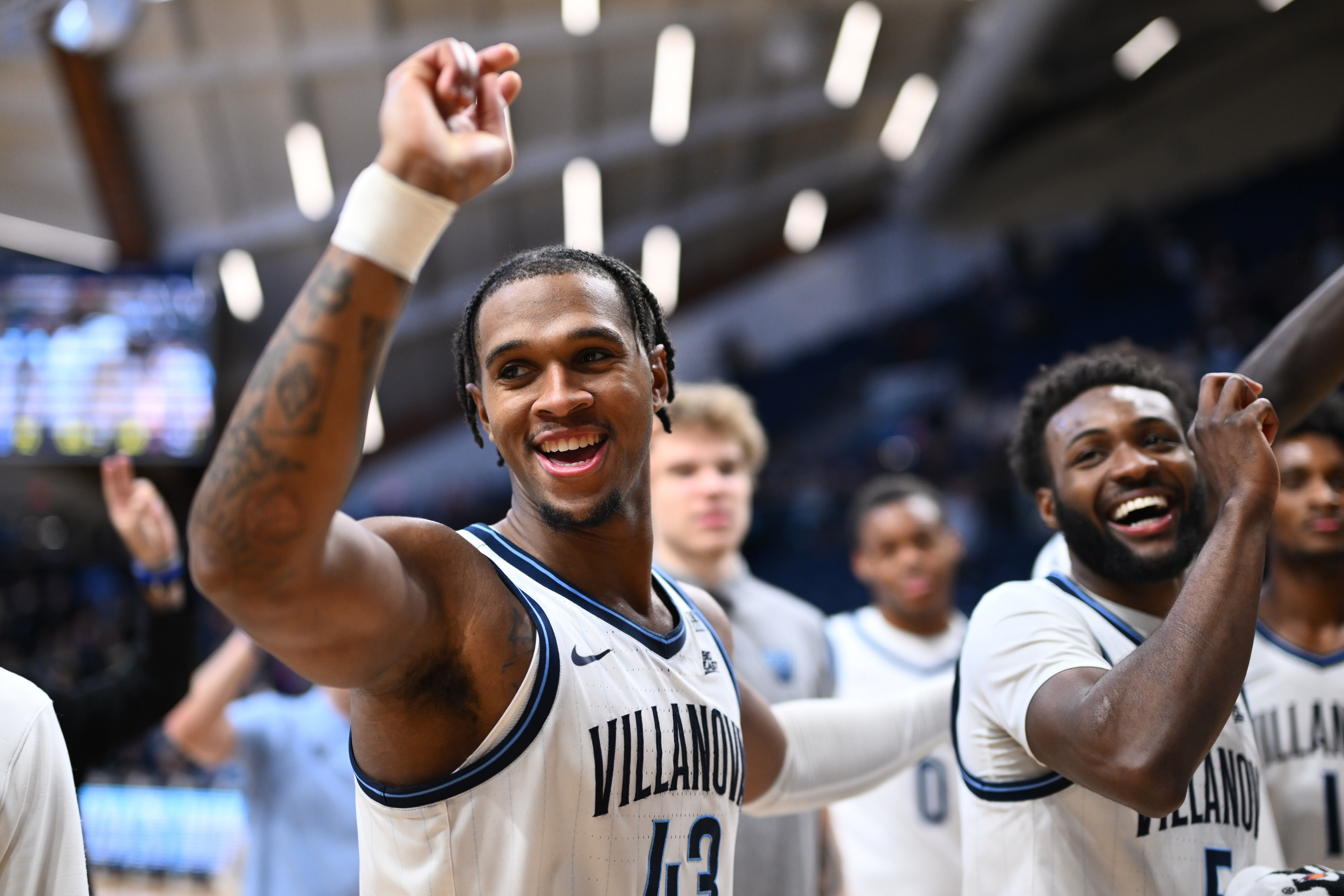 Villanova Wildcats forward Eric Dixon (#43) reacts after the game against the Rider Broncs at William B. Finneran Pavilion. Photo: Imagn