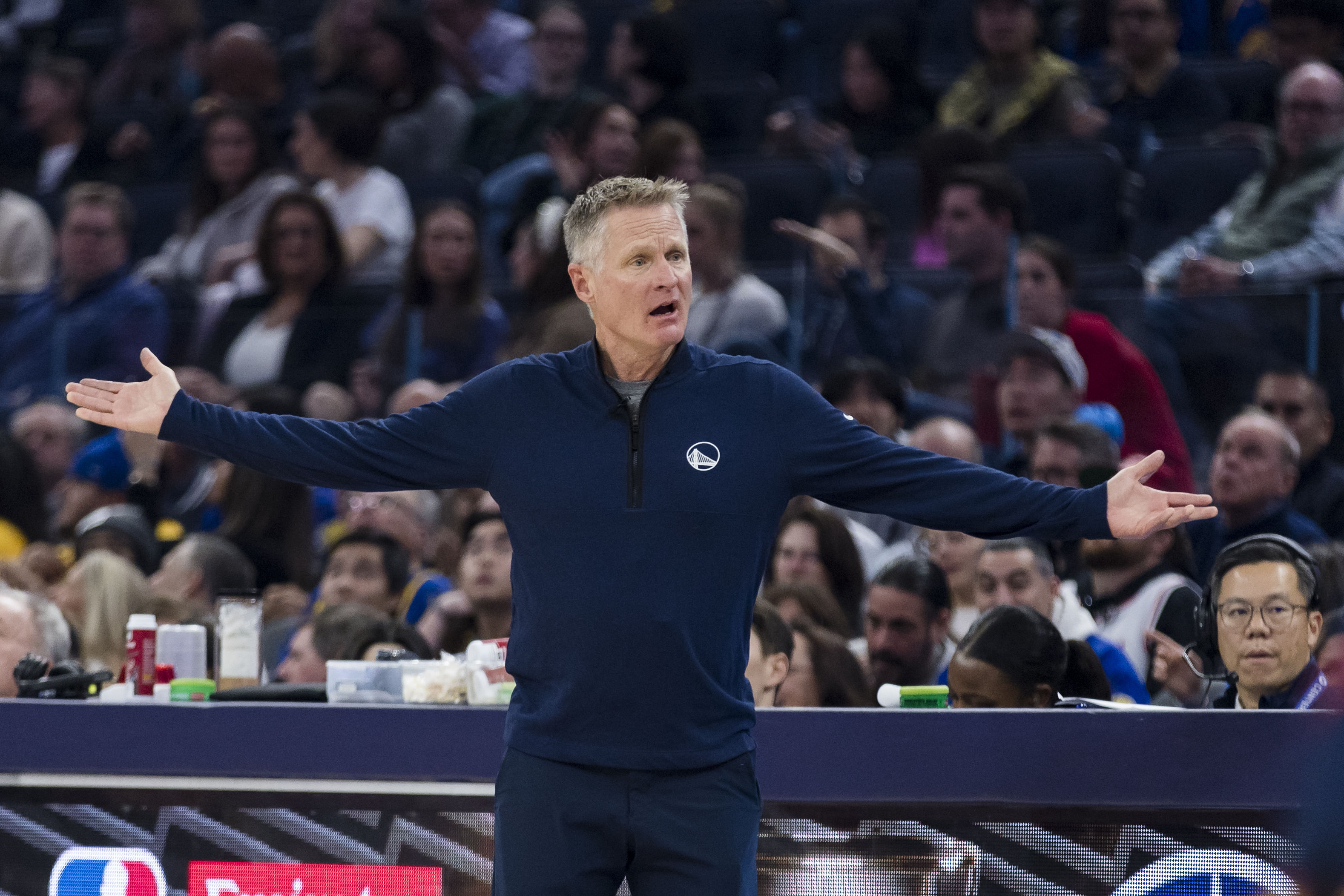 Golden State Warriors head coach Steve Kerr reacts during a game against the Oklahoma City Thunder at Chase Center. Photo Credit: Imagn