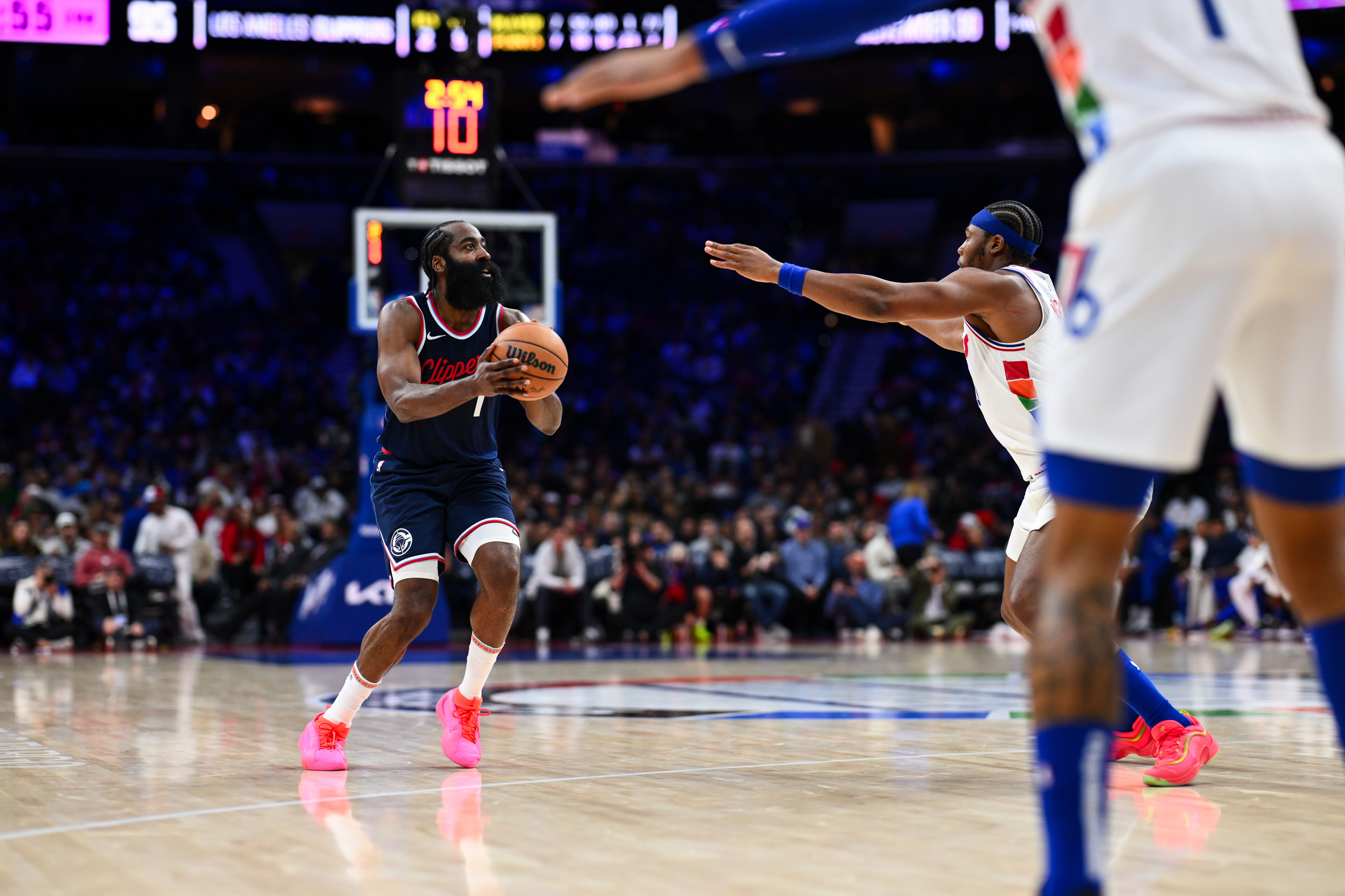 Los Angeles Clippers guard James Harden sets up to shoot against Philadelphia 76ers forward Guerschon Yabusele at Wells Fargo Center. Photo Credit: Imagn