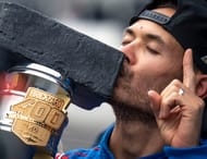 NASCAR Cup Series driver Kyle Larson (5) celebrates after winning the 30th running of the Brickyard 400, Sunday, July 21, 2024, at Indianapolis Motor Speedway (Image via Imagn)