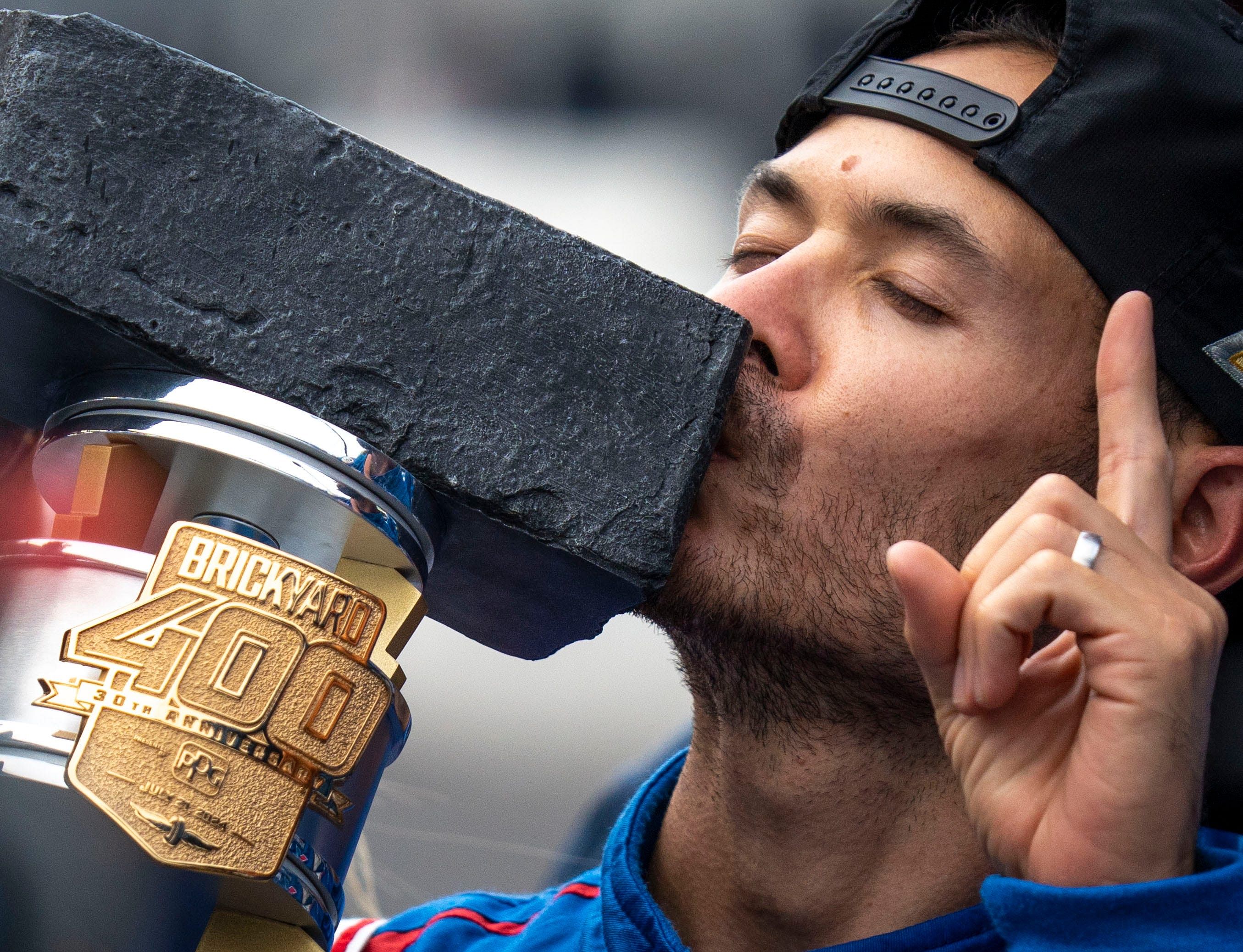 Kyle Larson celebrates after winning the 30th running of the Brickyard 400- Source: Imagn