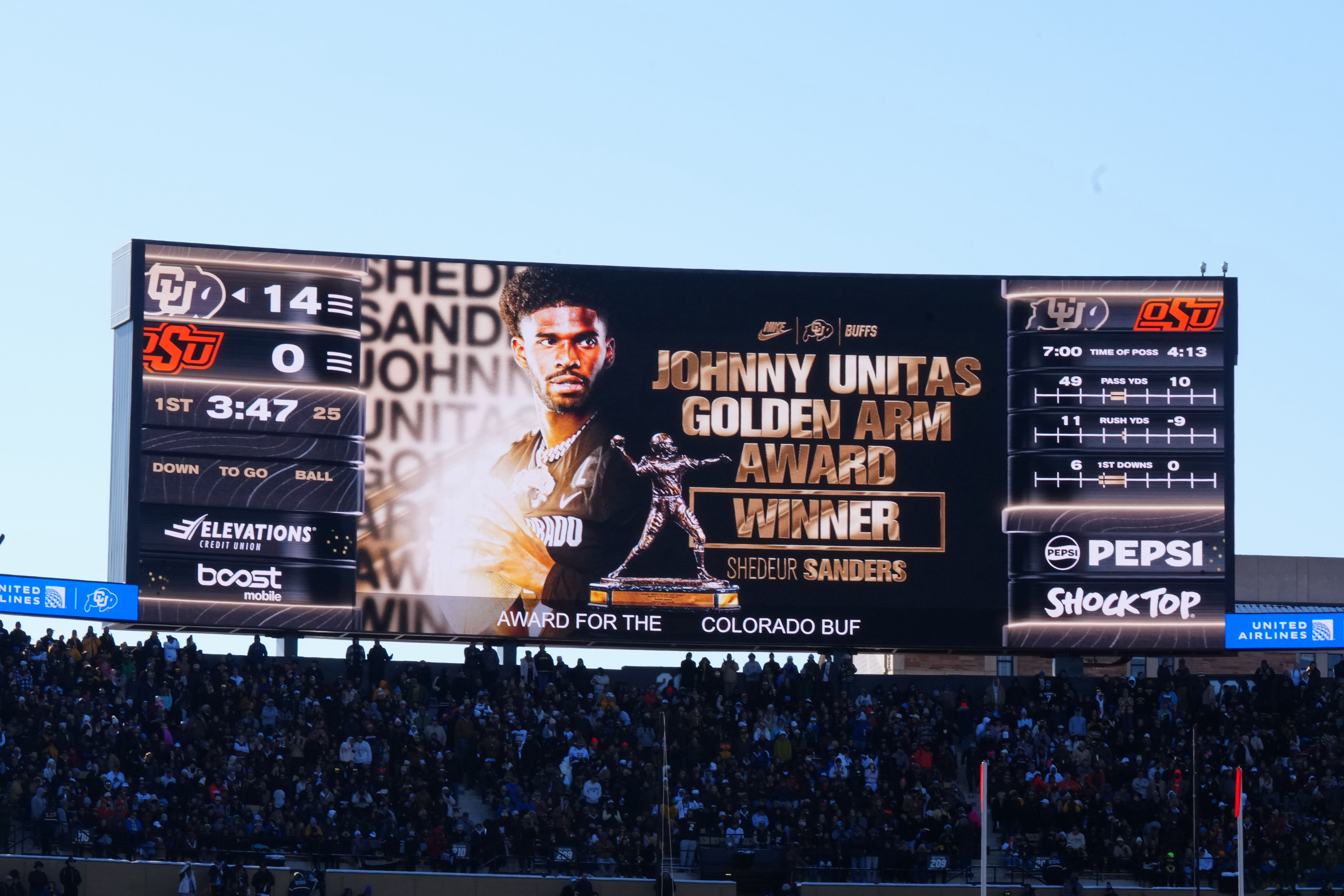 Colorado Buffaloes quarterback Shedeur Sanders (2) is announced to win the Johnny Unitas Golden arm award during the game Oklahoma State Cowboys at Folsom Field (Credits: IMAGN)