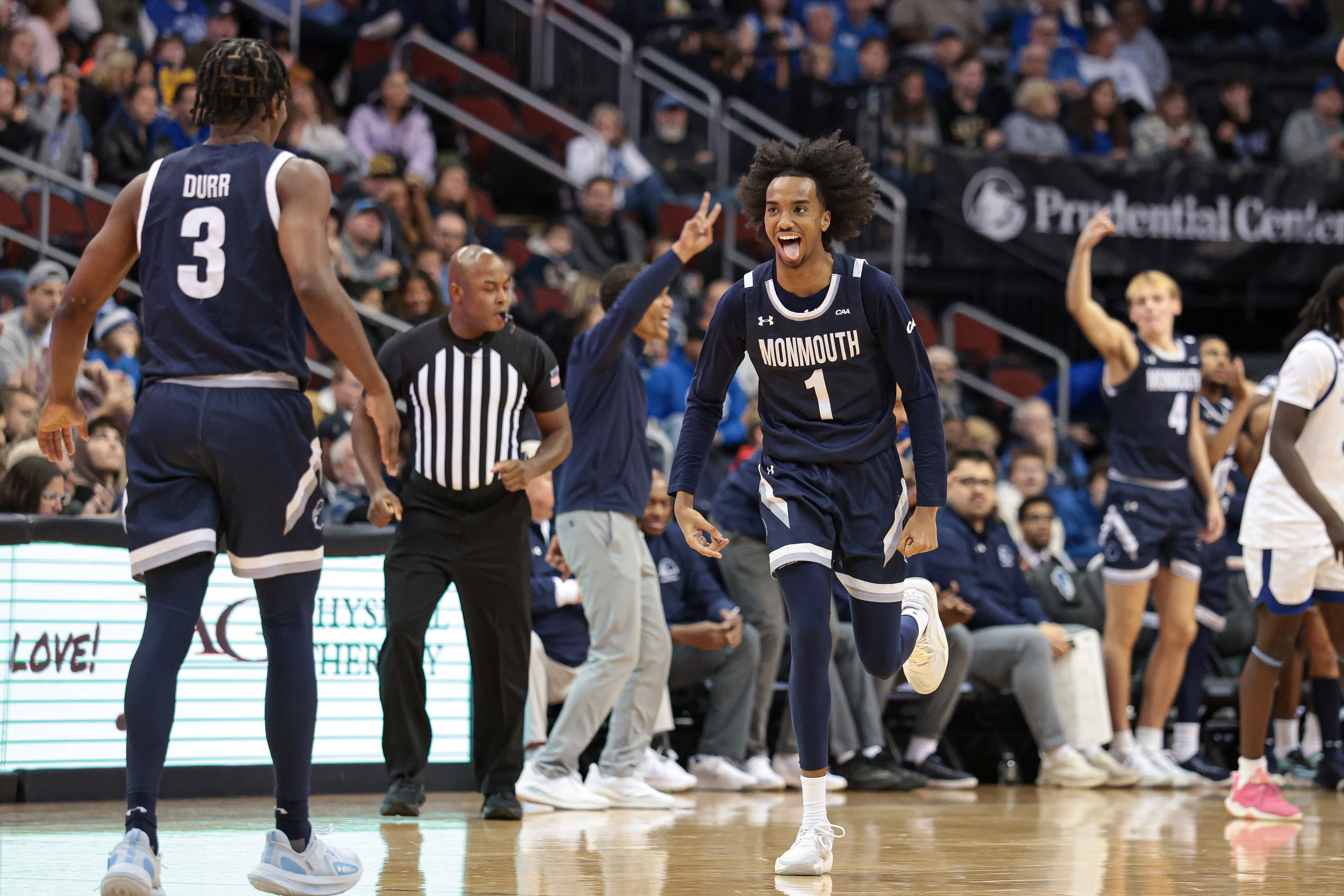 Monmouth Hawks guard Abdi Bashir Jr. (1) reacts after a basket during the second half against the Seton Hall Pirates. Photo: Imagn