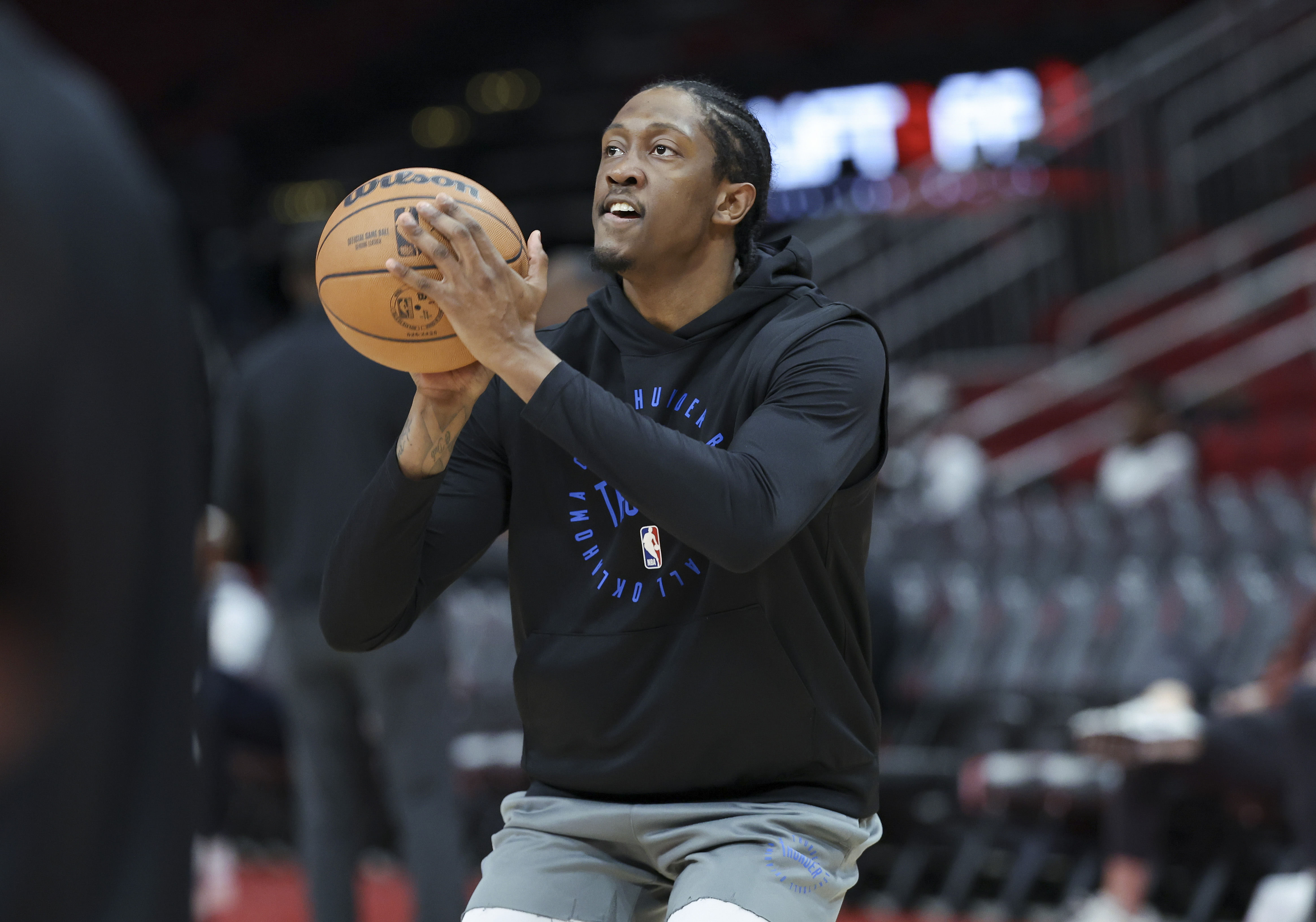 Oklahoma City Thunder forward Jalen Williams warms up before the game against the Houston Rockets at Toyota Center. Photo Credit: Imagn