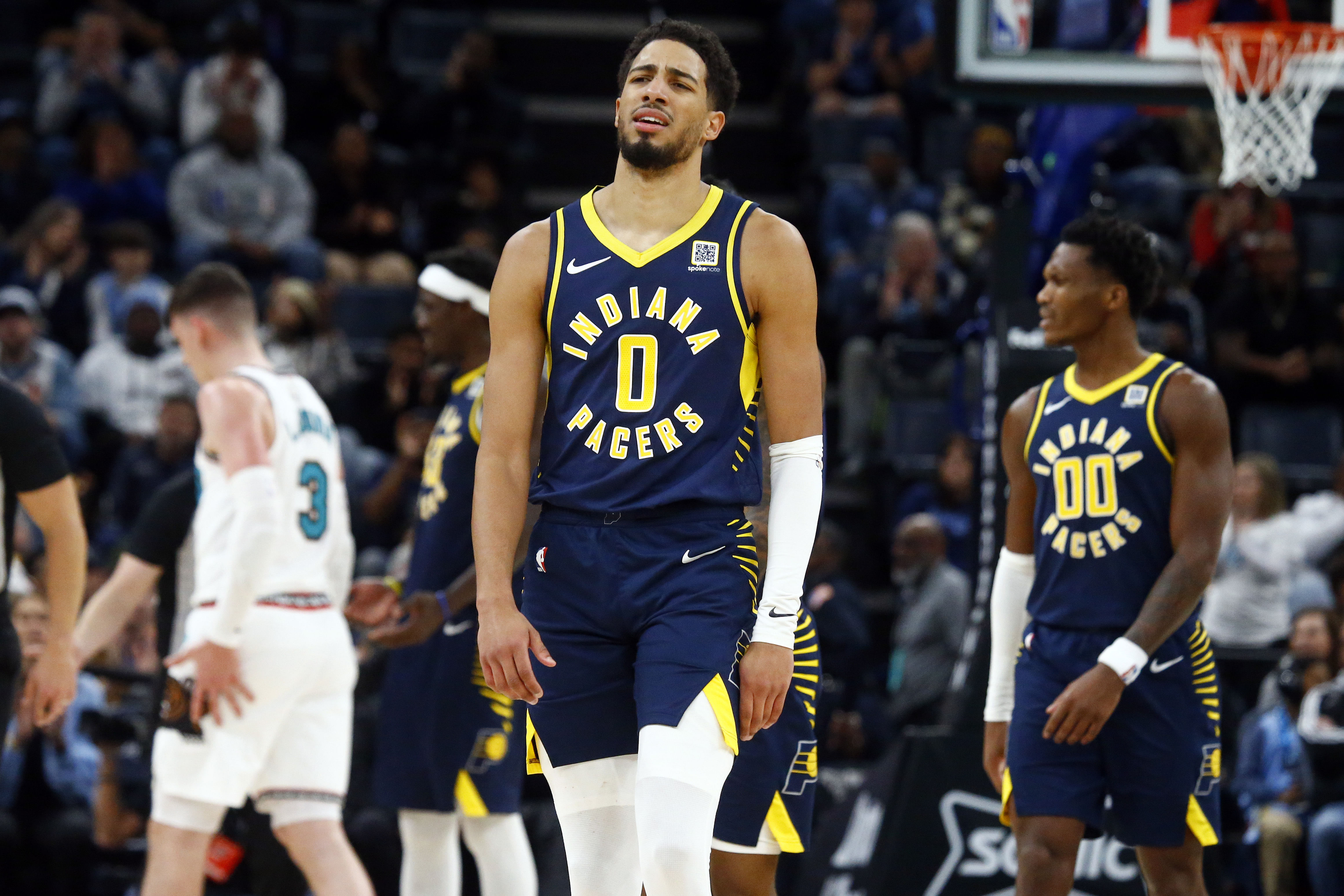 Dec 1, 2024; Memphis, Tennessee, USA; Indiana Pacers guard Tyrese Haliburton (0) reacts during a time out during the fourth quarter against the Memphis Grizzlies at FedExForum. Mandatory Credit: Petre Thomas-Imagn Images - Source: Imagn