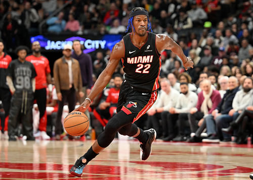 Miami Heat forward Jimmy Butler dribbles the ball against the Toronto Raptors at Scotiabank Arena. Photo Credit: Imagn