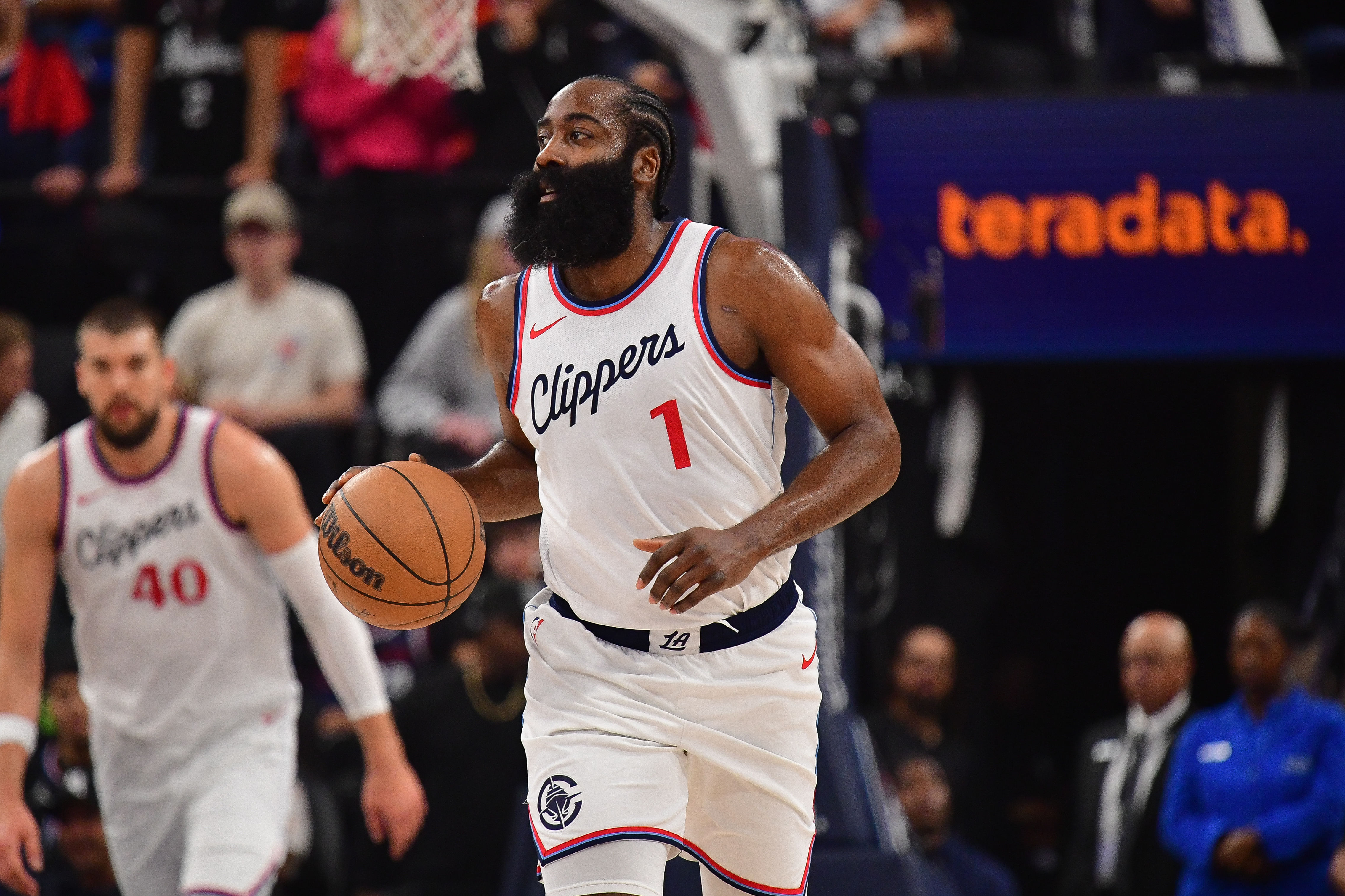 Los Angeles Clippers guard James Harden moves the ball down court against the Denver Nuggets at Intuit Dome. Photo Credit: Images