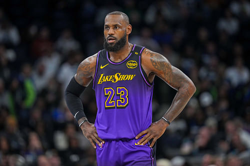 Los Angeles Lakers forward LeBron James against the Minnesota Timberwolves at Target Center (Credits: Imagn)