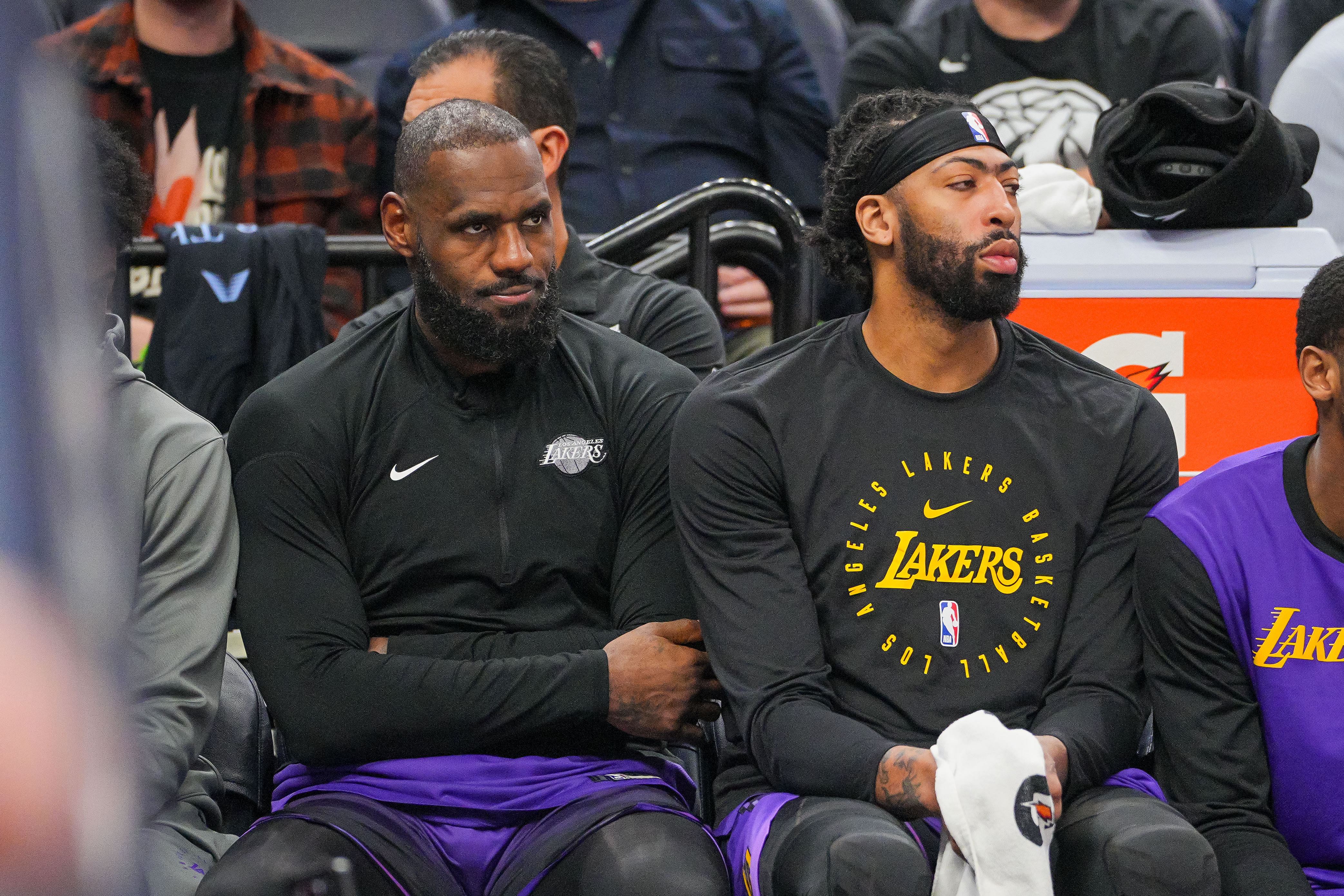 LeBron James (23) and forward Anthony Davis (3) on the bench against the Minnesota Timberwolves - Source: Imagn