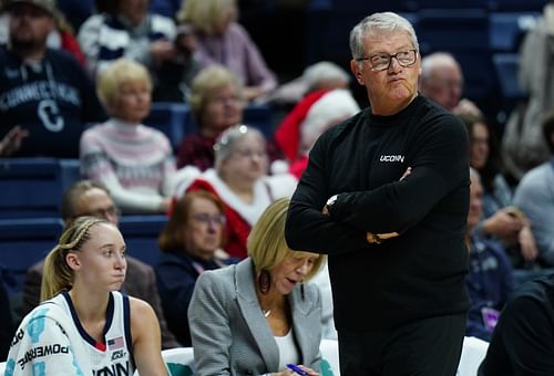 UConn head coach Geno Auriemma watches from the sideline as the Huskies take on the Holy Cross Crusaders at Harry A. Gampel Pavilion. Photo: Imagn